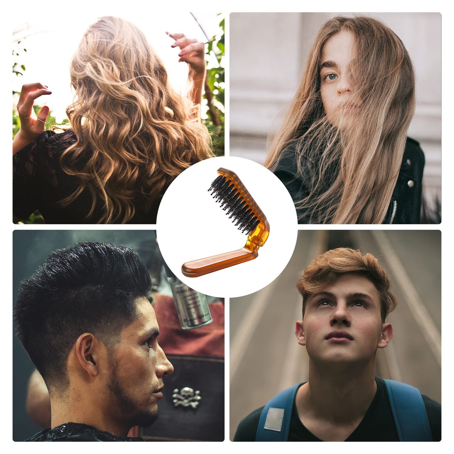 Foldable Hair Brush, Mini Boar Bristle Travel Hair Brush Portable Folding Hair Brush Compact Small Hairbrush for Purse for Women Pocket Comb for Any Hairstyles, Restore Hair Shine,Beard Brush for Men