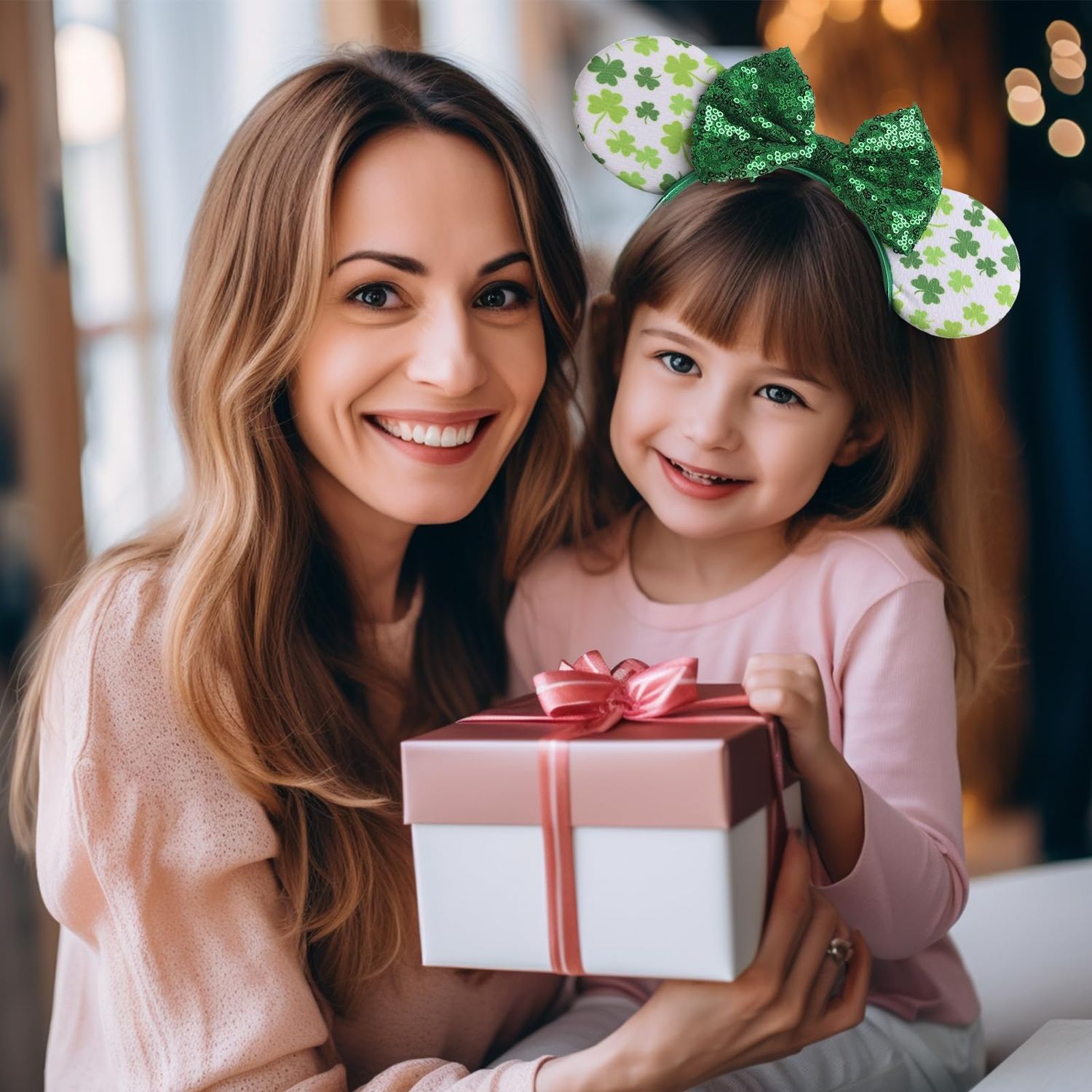 CIVFCRT Shamrock Headbands Green Lucky Clover Headbands St. Patrick's Day Mouse Ears Headbands Shiny Green Bows Hairbands for Girls Women Party Parades Clover Hair Decoration (Lucky Clover)