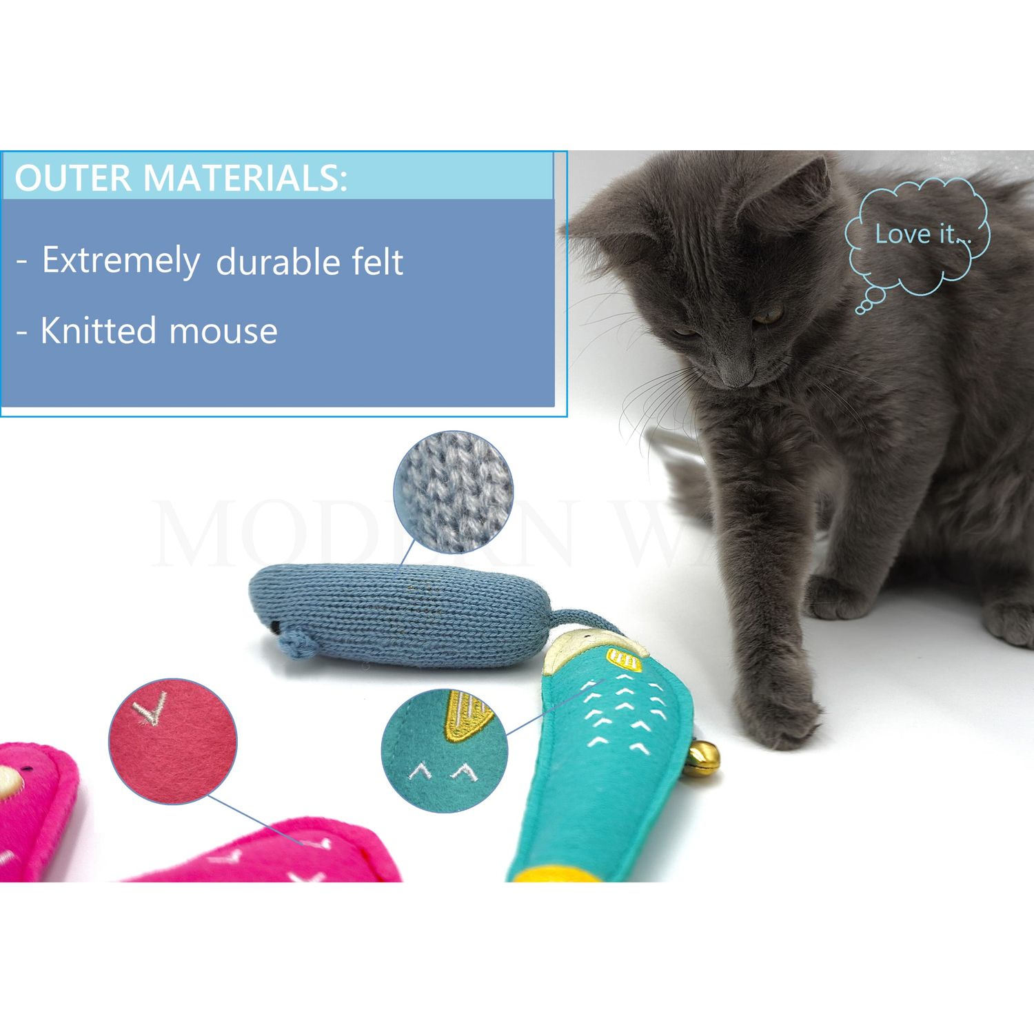 MODERN WAVE - Catnip Handmade Kittens Cats Toys Collection in Gift 4-Pack Box (Felted Fish, Lama, Knitted Mouse with Bell, Cat Heart Teaser)