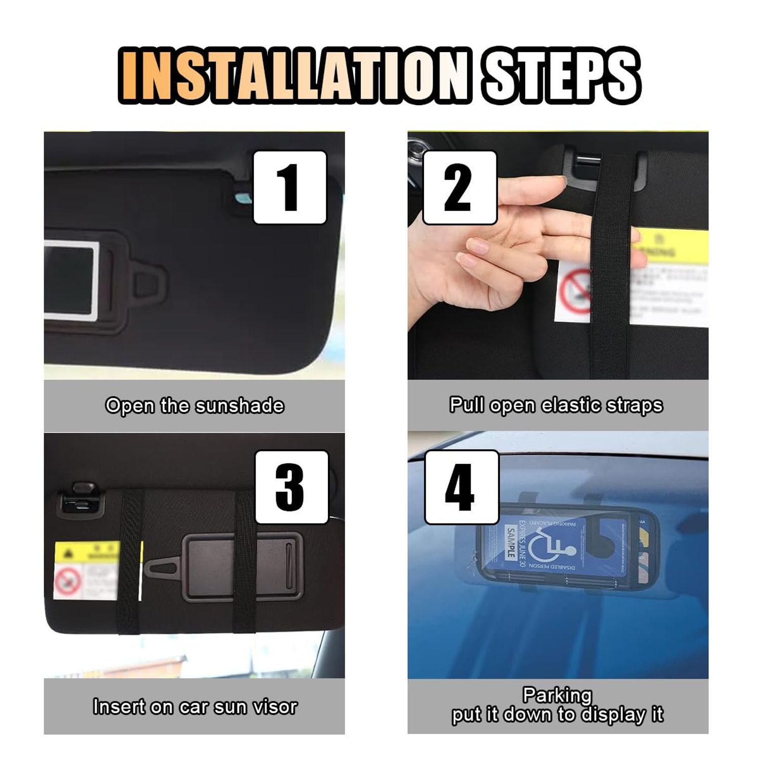 JOYCOURT Handicap Placard Holder for Car, Disabled Parking Permit Sign Protector, Car Interior Sun Visor Storage Clip with Pen Holder, Note Paper Slot, Elastic Strap