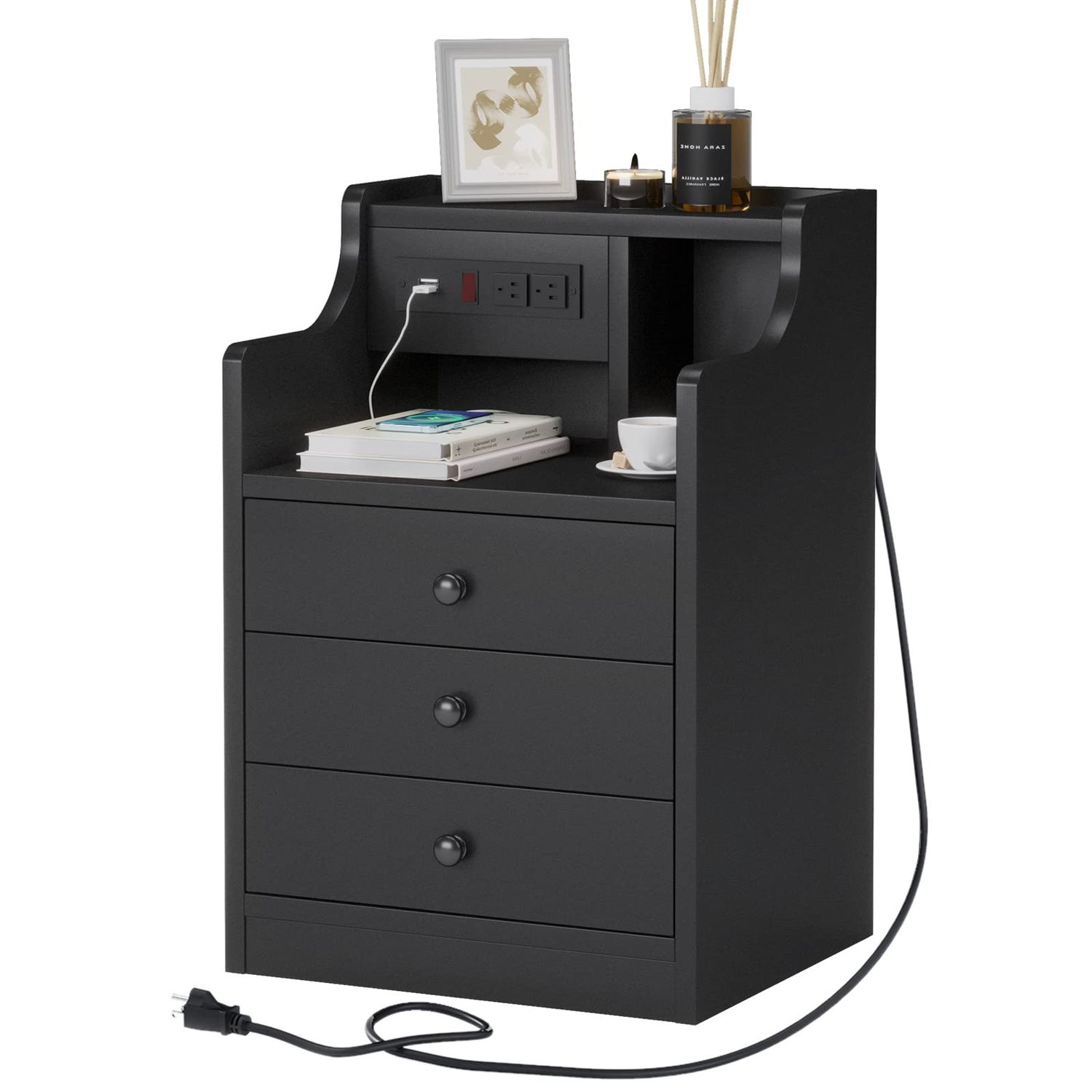 Tiptiper Black Nightstand with Charging Station 3 Drawers, Wood Sofa End Side Table with USB Ports and Outlet, Bedside Table Bedroom Nightstand with Sliding Drawer & Hutch