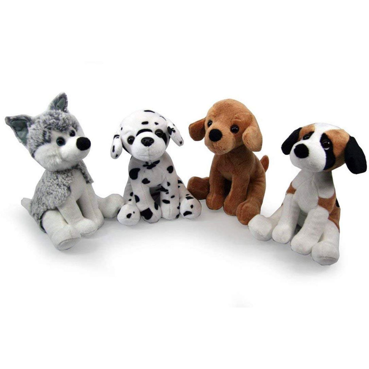 Plushland Stuffed Plush Dog Assortment – Collection of Labrador, Dalmatian, Husky and Beagle - Cute Dog Toys for Kids – 4 Pack – 8 inches.