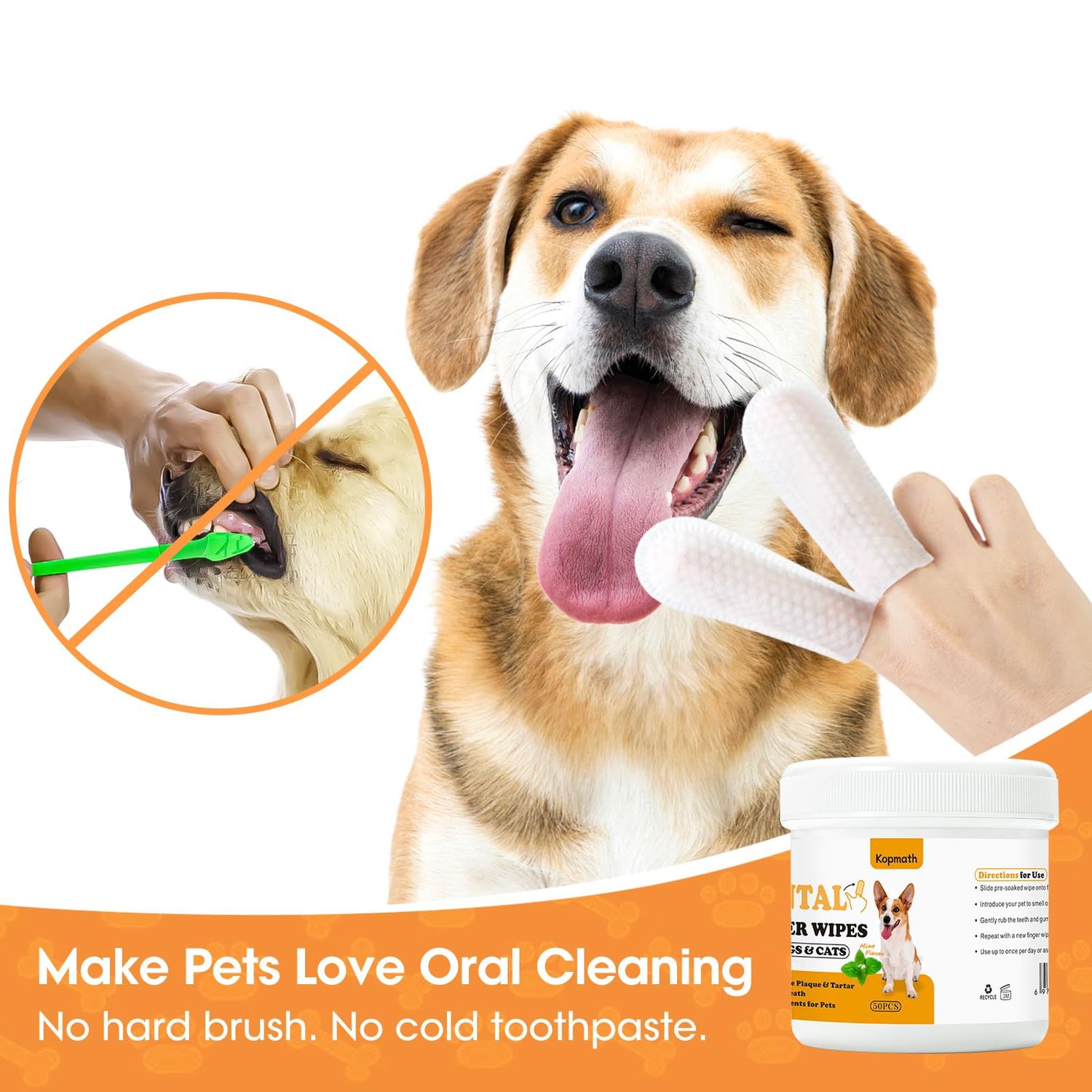 Kopmath Dental Care Finger Wipes for Dogs & Cats, Reduces Plaque & Tartar, Freshens Breath, Pre-Soaked Pet Teeth Wipes, Easy to Use Disposable Oral Cleaning Pads,Mint Flavor,100pcs