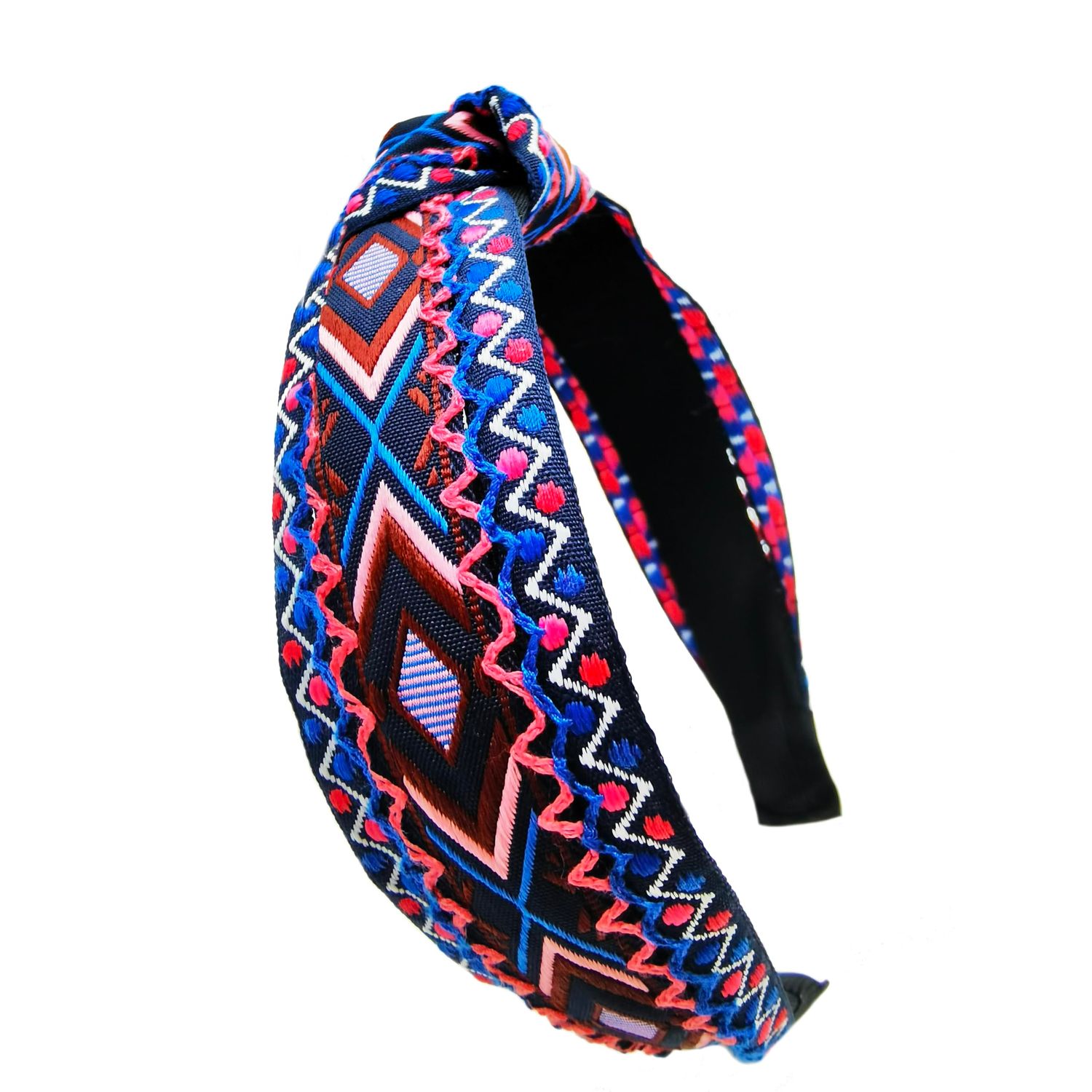 OUTVIE Boho Ethnic Wind Knotted Headbands Handmade Embroidered Blue Headbands Non-slip Elastic Vacation Headband for Women