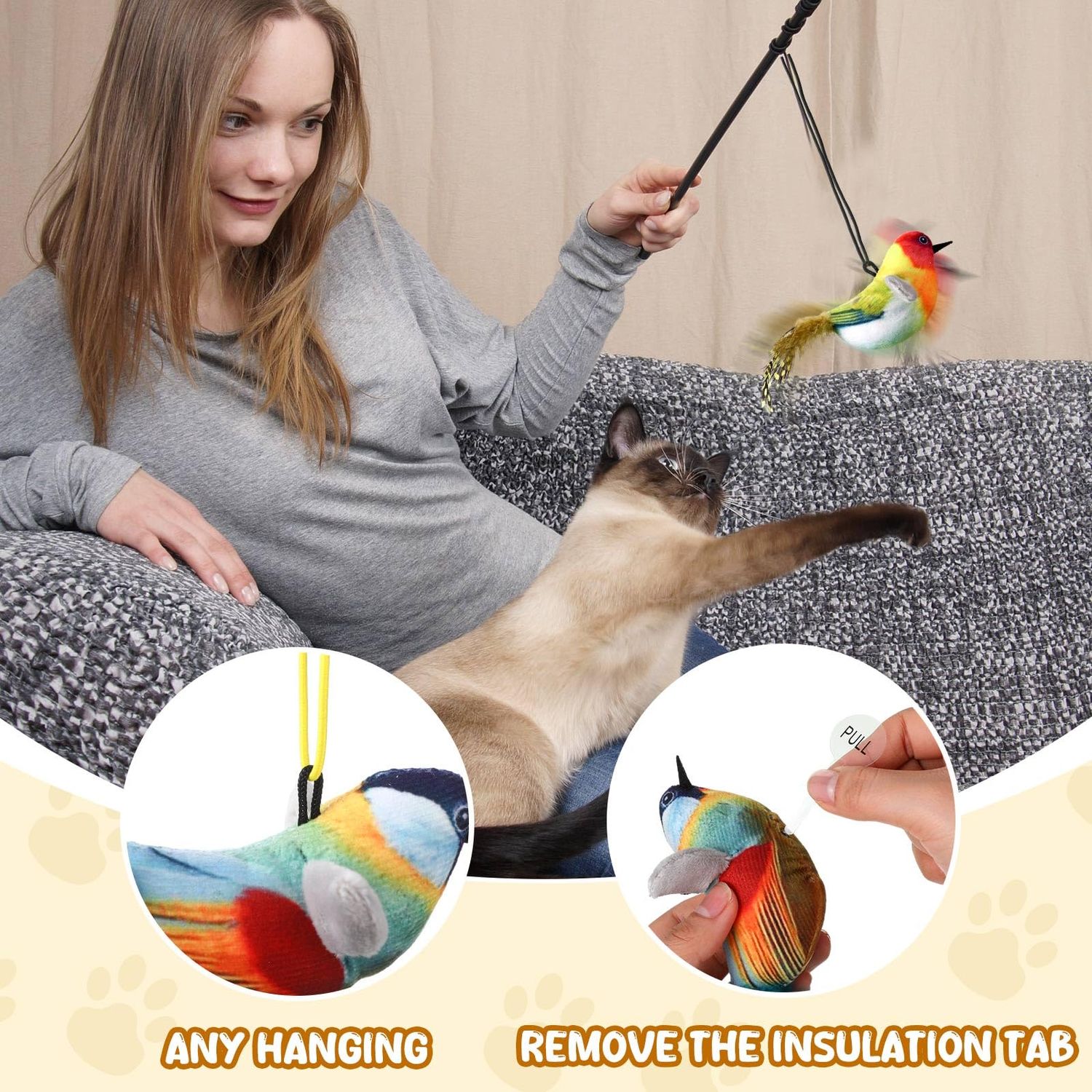 RattanView 5 Pcs Squeak Real Birds Interactive Cat Toys with Catnip,for Indoor Cats, with Chirping Birds Electronic Sound and Feather for Indoor Kitty Exercise