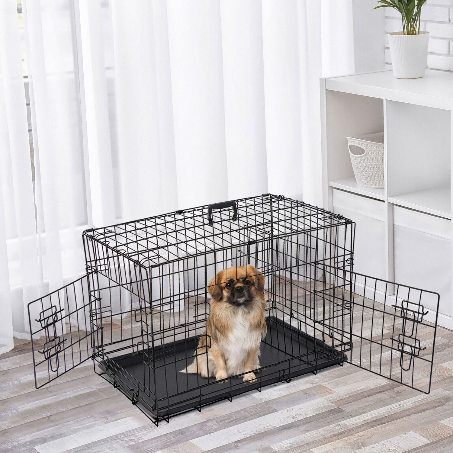 30" Durable Dog Crate Kennel 2 Door Folding Metal Pet Cat Cage with Tray Black