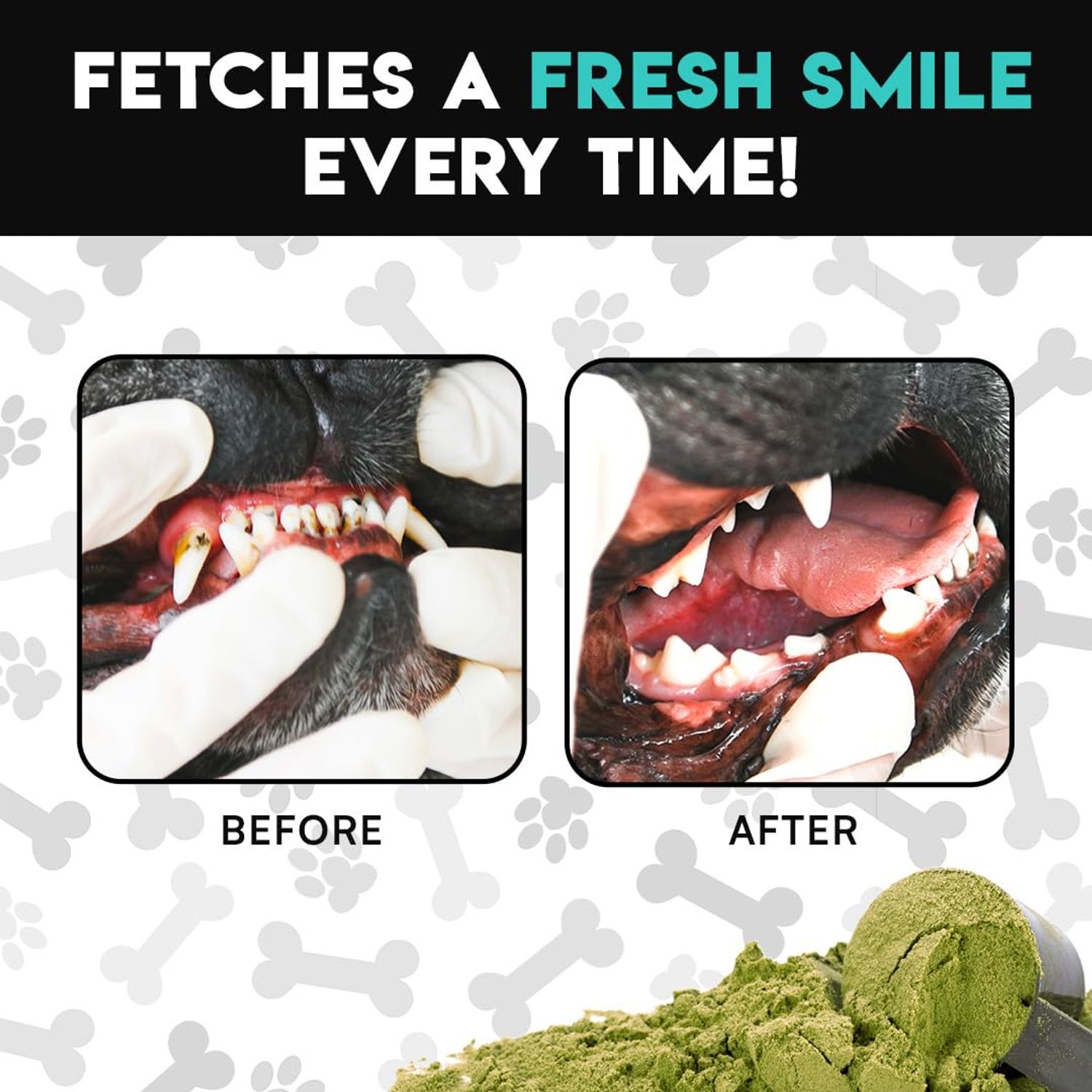 French Bulldog Optimized Dog Teeth Cleaning Powder Plaque Remover & Tartar Control - Dog Breath Freshener Strong Teeth & Gums - Dog Dental Powder Easy Teeth Cleaning - Herbal Blend - USA (60 Scoops)
