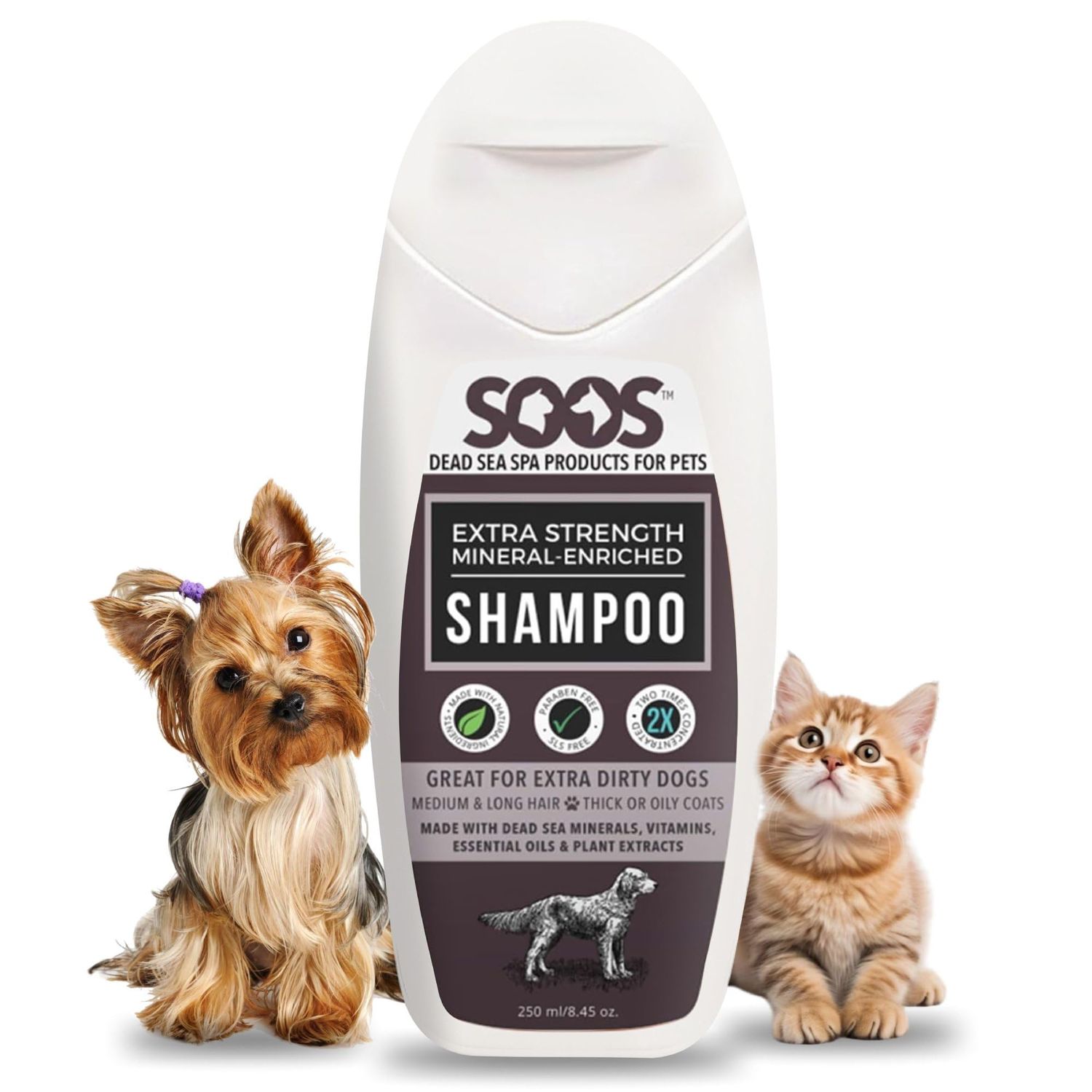 Soos Pets Shampoo Extra Strength for Cat and Dog Shampoo Natural Dead Sea Mineral Enriched Fast Absorbing with Vitamins Essential Oils Natural Ingredients Antib-acterial - 1x 250ml