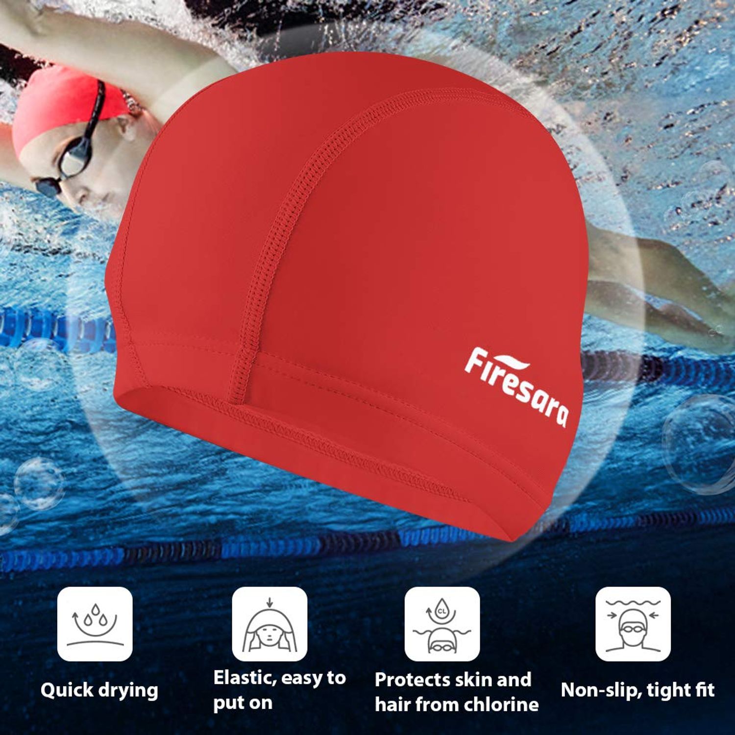 Firesara Fabric Swim Cap, High Elasticity Swimming Cap Keeps Hair Clean Breathable Fit Both Long Hair Short Hair, Swim Caps Woman Girls Men Kids One Size Hat
