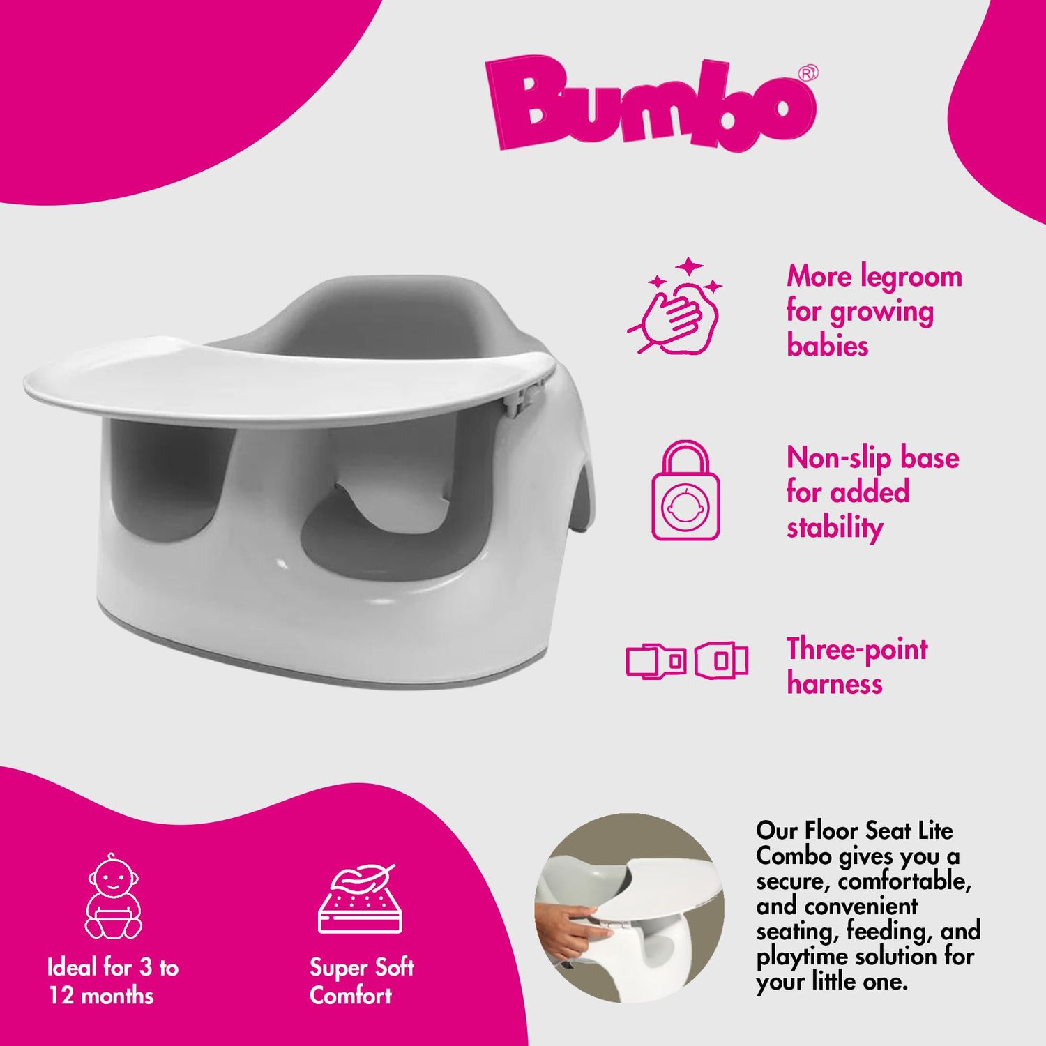 Bumbo Floor Seat LITE Combo with Cushioned Seat and Safety Strap with Detachable Feeding and Playtime Essentials Tray Accessory, Cool Grey