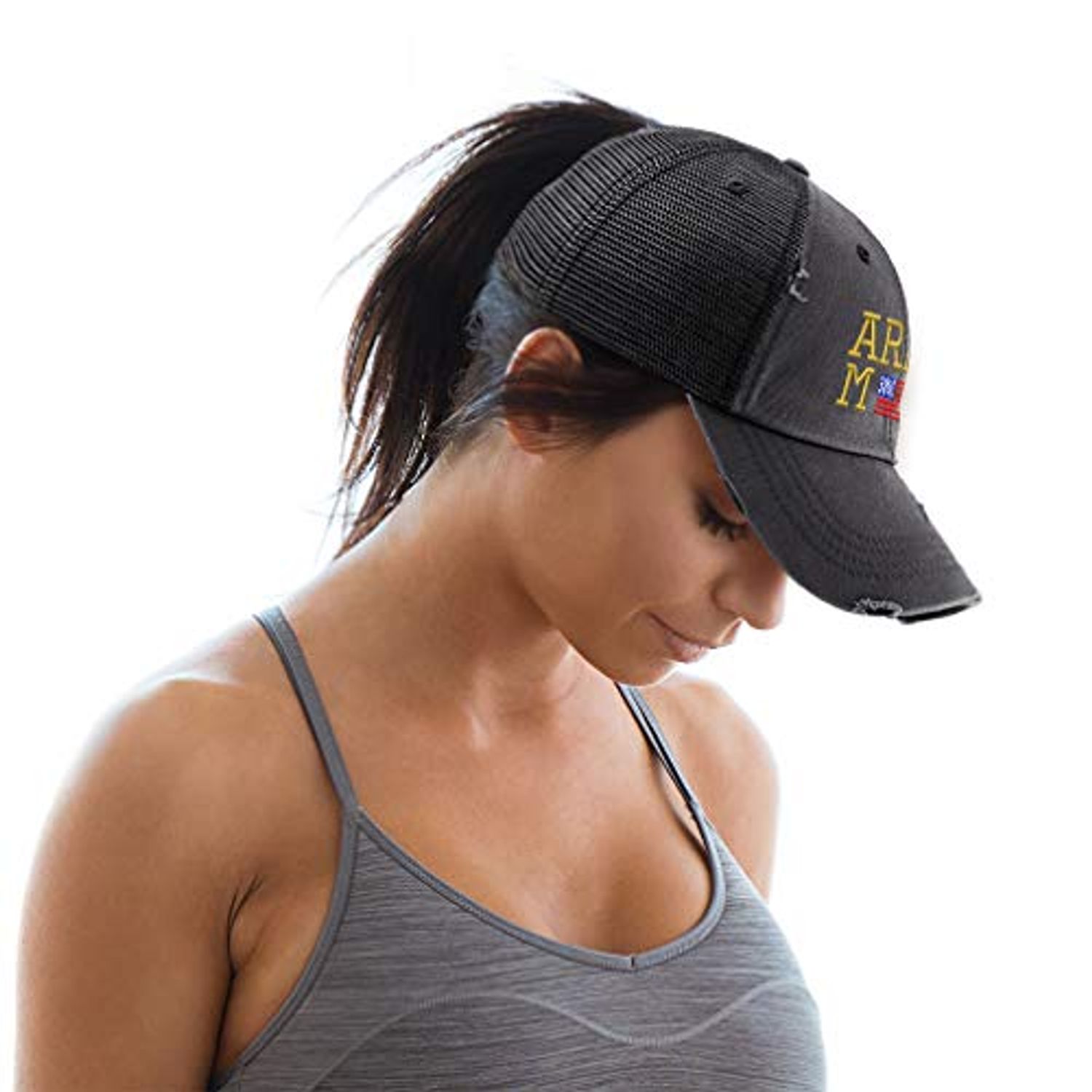 Speedy Pros Womens Ponytail Cap American Army Mom Embroidery Cotton Distressed Trucker Hats Strap Closure Black
