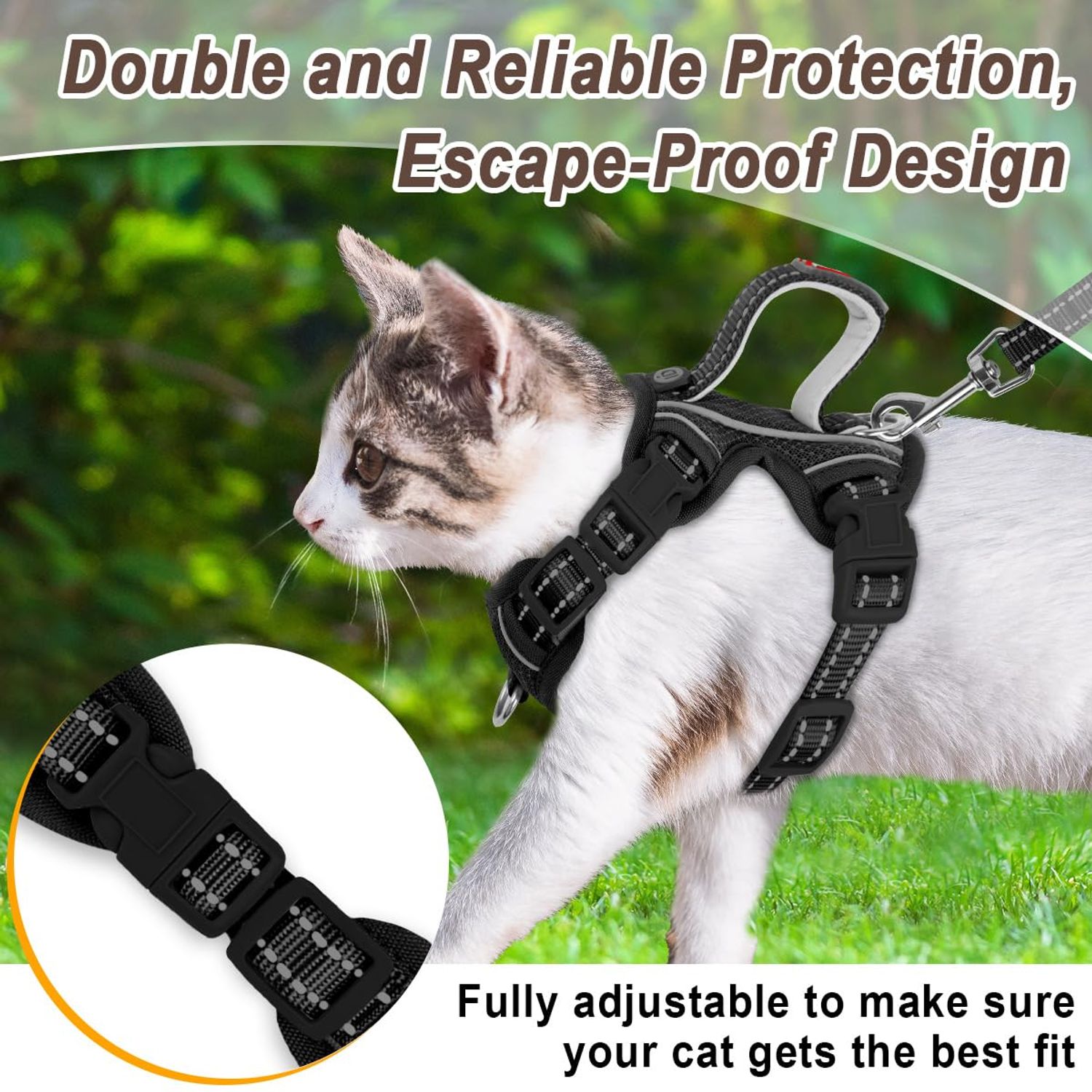 Cat Harness and Leash Set for Walking Escape Proof for Small Large cat Kitten Harness with ID tag Pocket (Black,XS)
