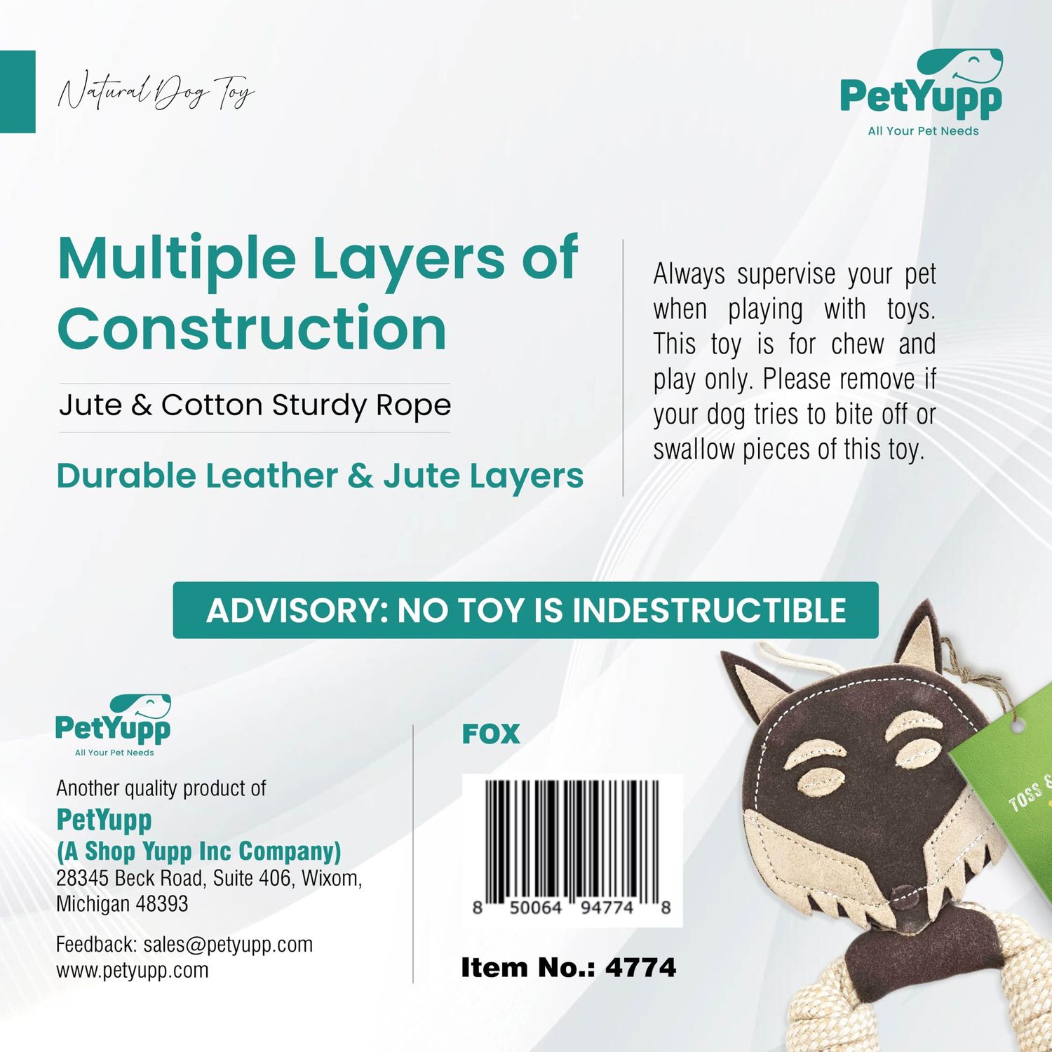 PetYupp Cotton & Jute Toss - Tug Dog Toy with Genuine Leather - for Teething Puppy, Dental Health, Aggressive Chewer, Tug-of-War Dog Toys and All Dog Sizes (Toss & Tug Dog Toy - Fox), Brown