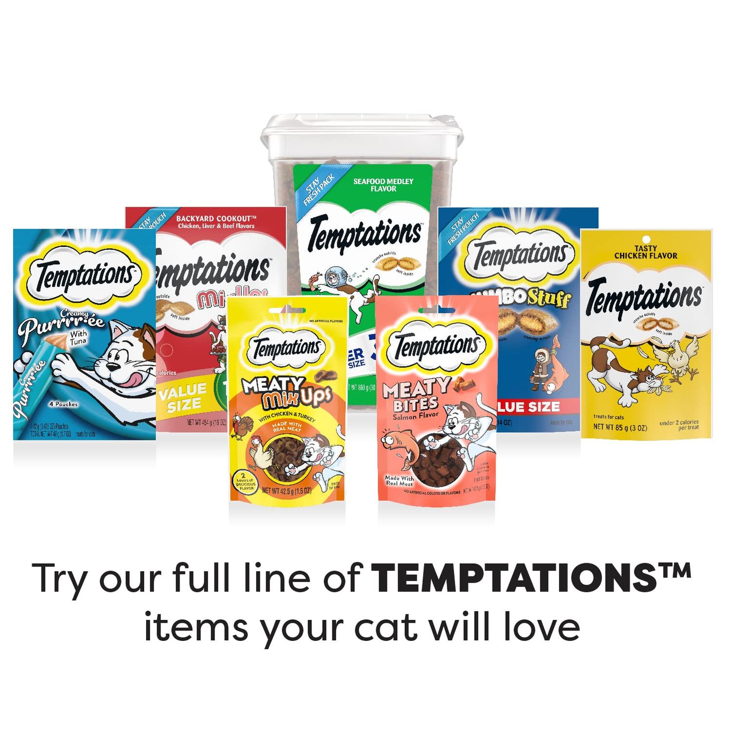TEMPTATIONS Jumbo Stuff Crunchy and Soft Cat Treats, Savory Salmon Flavor, 14 oz. Tub