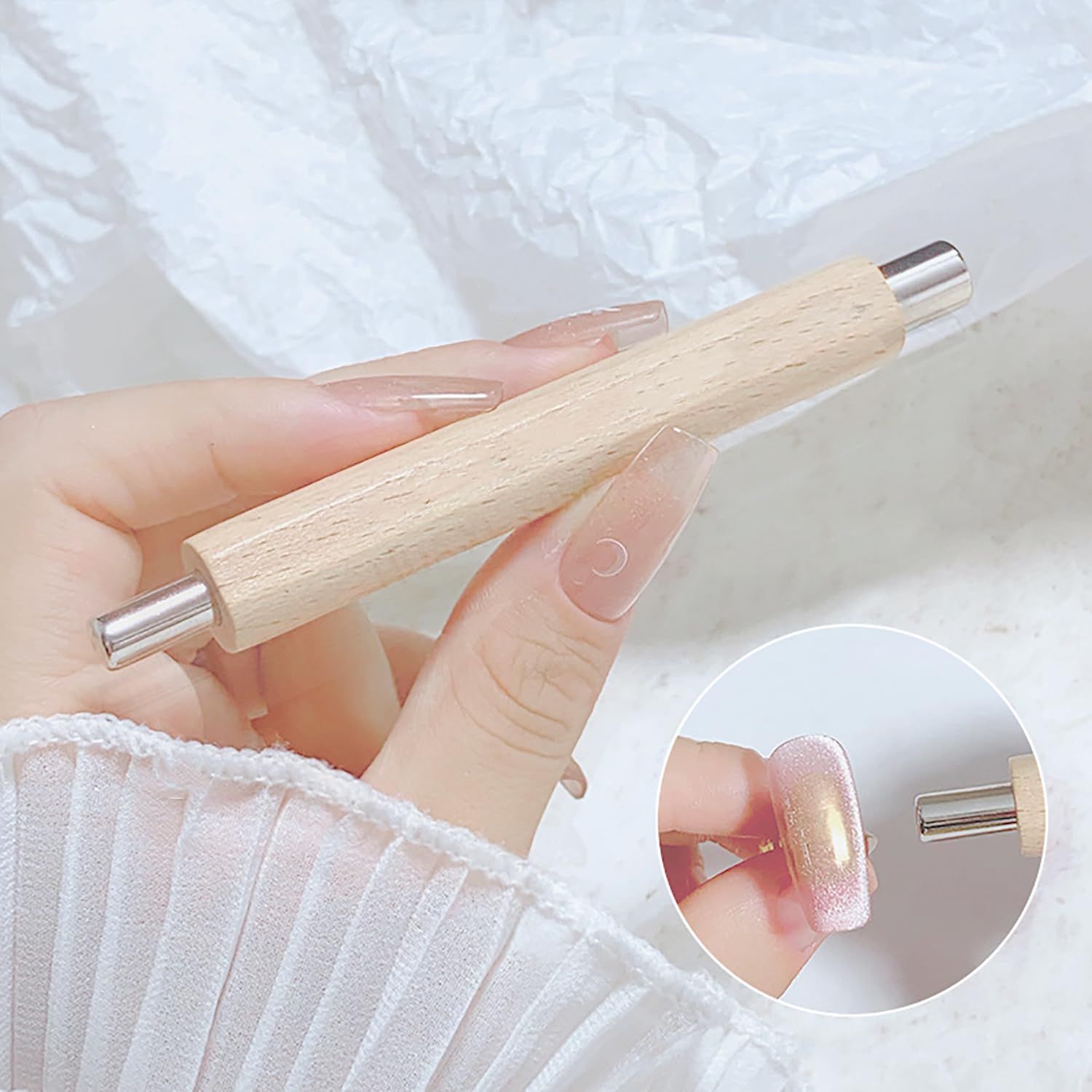 JERCLITY 12 Pieces Cat Eye Magnet for Nails Wooden Anti-Fall Handle Double-Ended Cylindrical Magnet Double-Headed Cat Eye Magnetic Stick Line Strip Magnetic for Cat Eye Gel Polish Nail Art