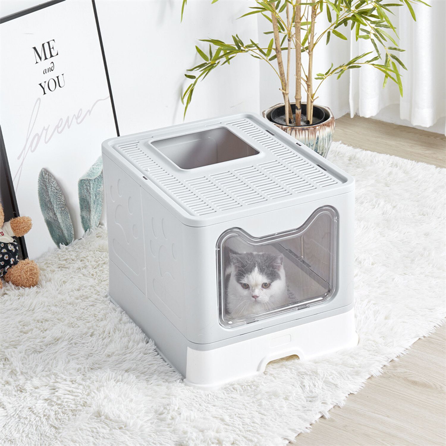 XL Foldable Cat Litter Box With Lid Enclosed Cat Potty Anti-splashing Cat Toilet