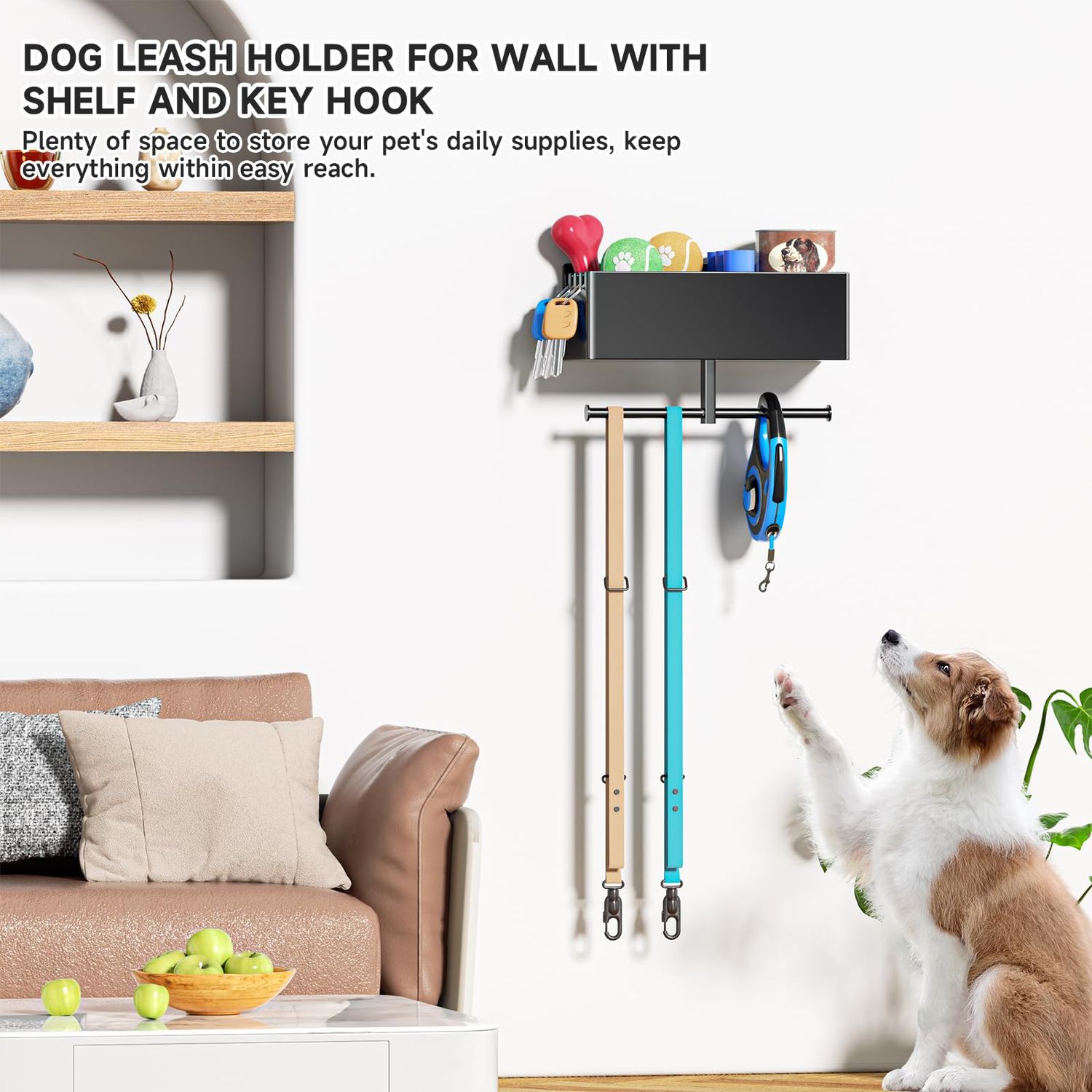 Dog Leash Holder for Wall, Dog Stuff Organizer with Shelf for Dog Poop Bag Holder, Dog Leash Hooks for Dog Supplies Storage, Dog Leash Hanger Organizer Rack for Dog Leash, Collar, Toys, Treats, Keys