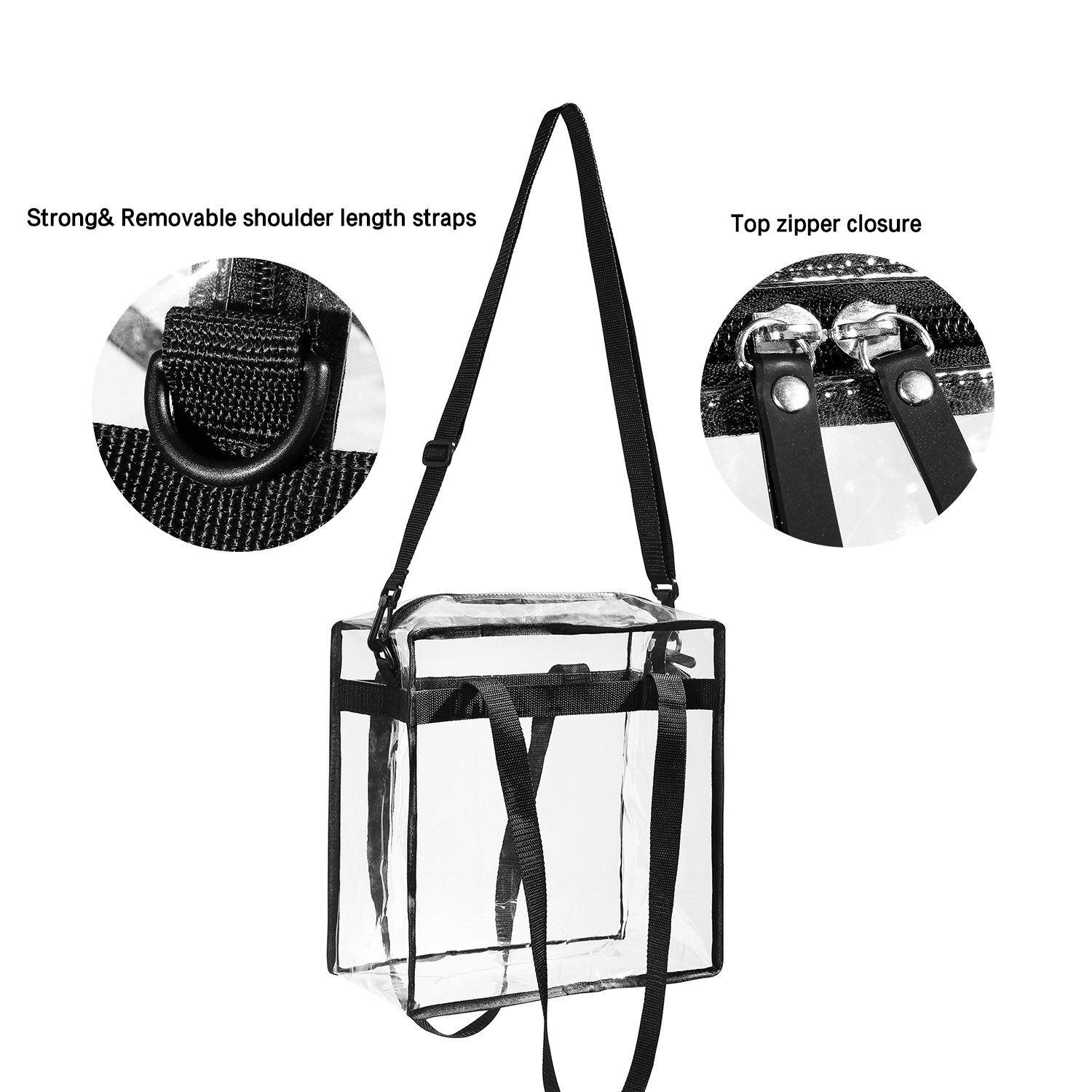 BAGAIL Clear bags Stadium Approved Clear Tote Bag with Zipper Closure Crossbody Messenger Shoulder Bag with Adjustable Strap(12 Inch X 12 Inch X 6 Inch,Black)