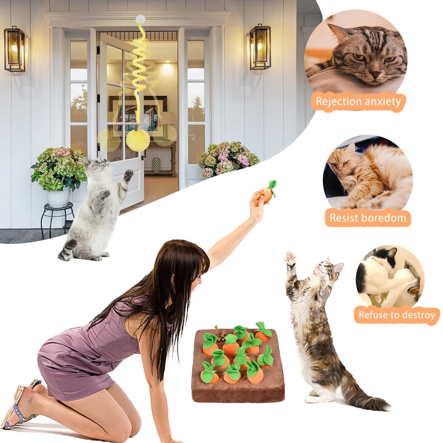 Risbang Carrot Cat Treat Puzzles for Indoor Cats, Interactive Cat Enrichment Toys for Bored Indoor Adult Cats Hanging Cat Toys Pack Bulk Kicker Nip Toy 12 Squeaky Plush Carrots
