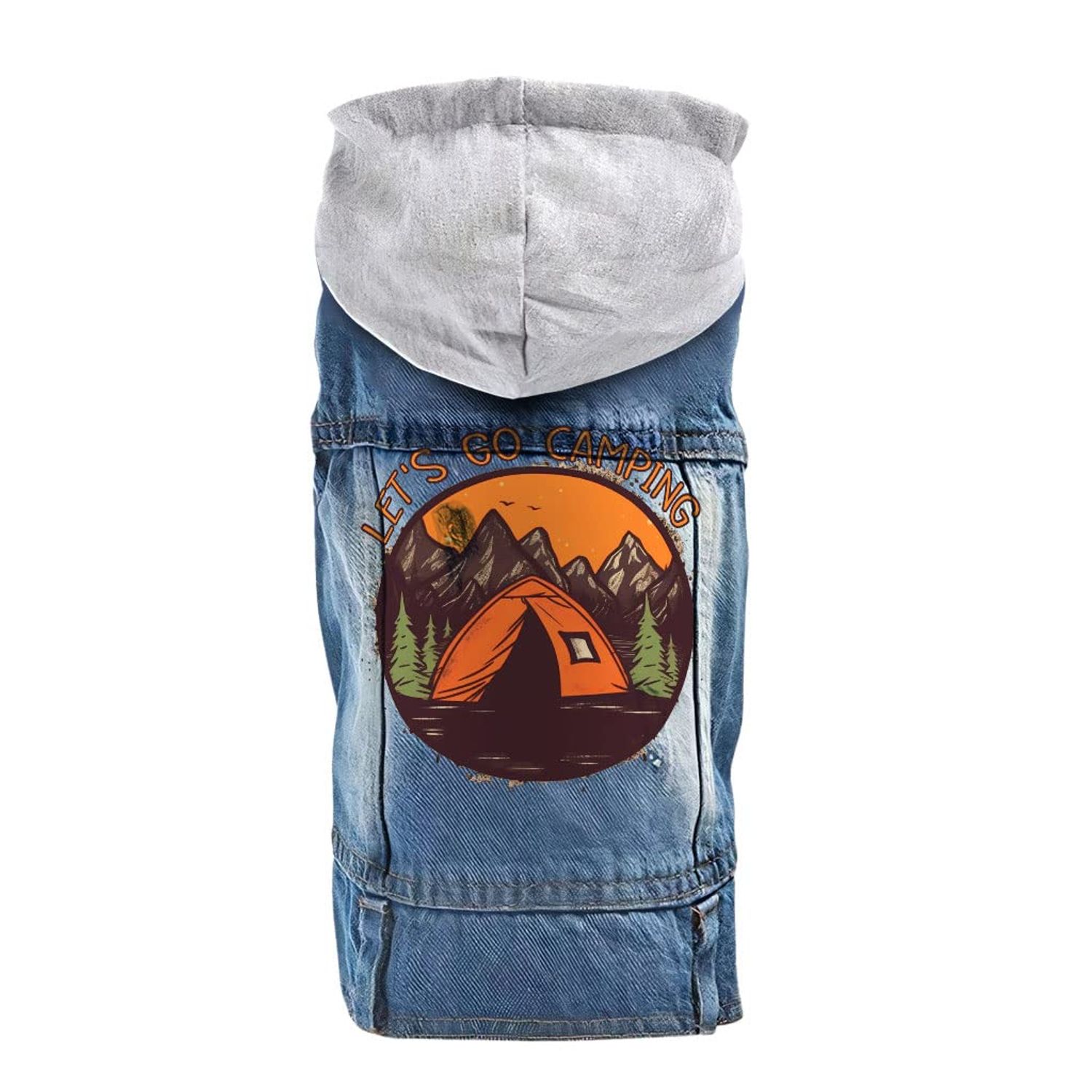 Let's Go Camping Dog Denim Jacket - Tent Dog Denim Coat - Camping Dog Clothing - XL