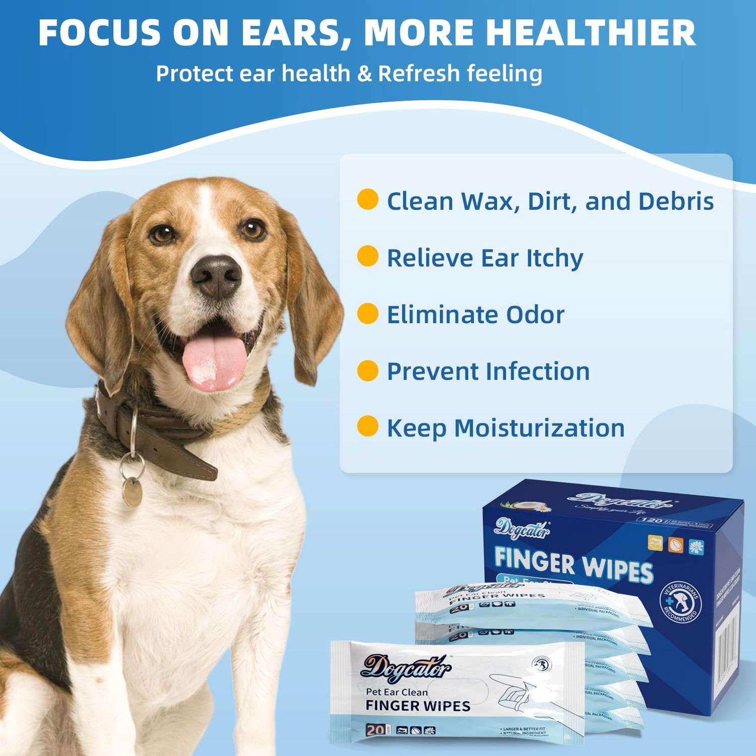 Dogcator Dog Finger Wipes, 120 Count Dog Ear Cleaner Bathing Wipes for Cats, Pet Cleaning Wipes for Natural Puppy Wipes | Soothes Itchy Dry Skin, Fresh Coconut Scent Dog Ear Infection Treatment