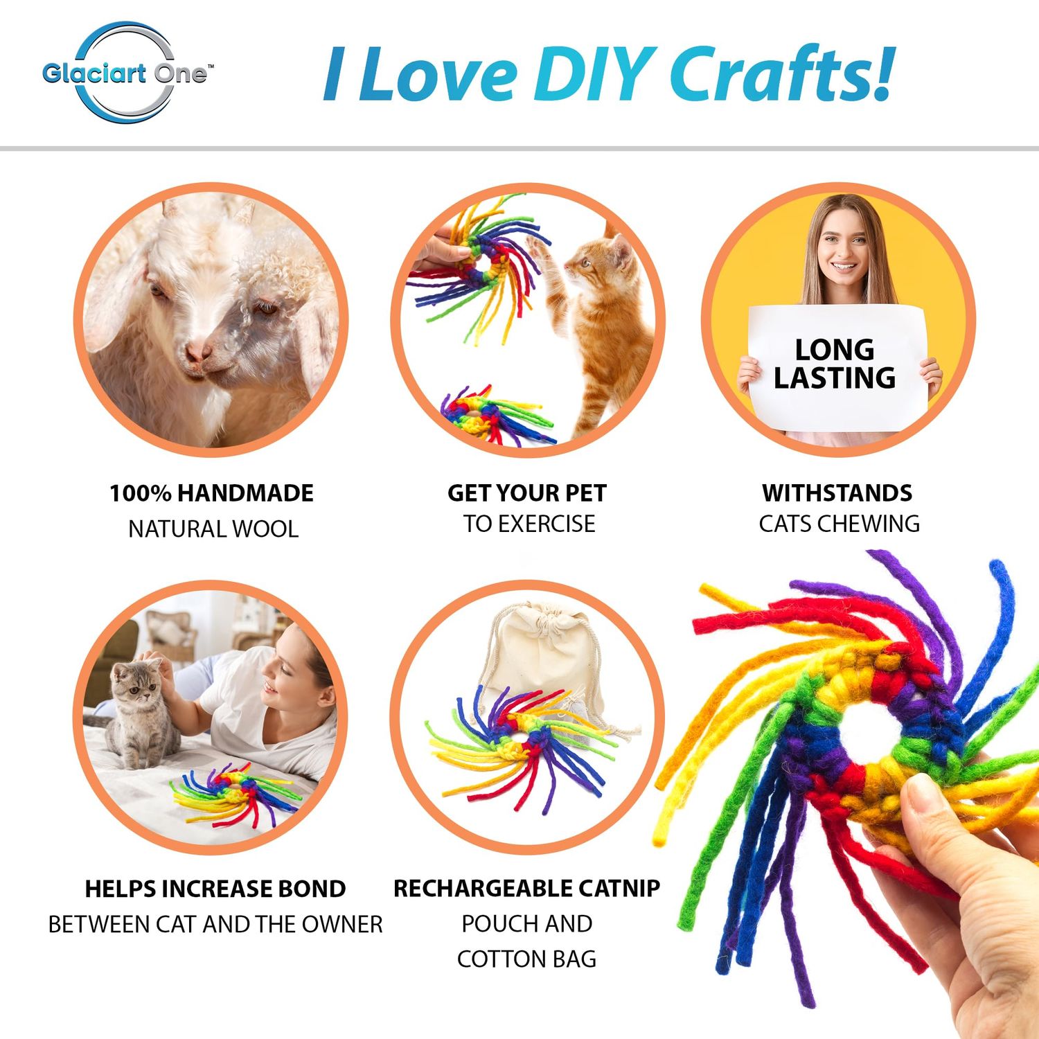 Glaciart One Wool Spider Cat Toy w/Catnip - Soft Fuzzy Enrichment 100% Natural Wool, Interactive Play Cat Toy Set - Safe for Pets, Non-AZO Colored Dyes