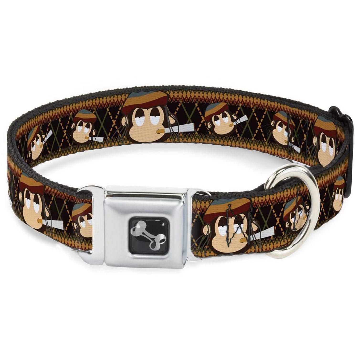 Buckle-Down Seatbelt Buckle Dog Collar - Multi Smoking Monkey Argyle Brown - 1.5" Wide - Fits 16-23" Neck - Medium