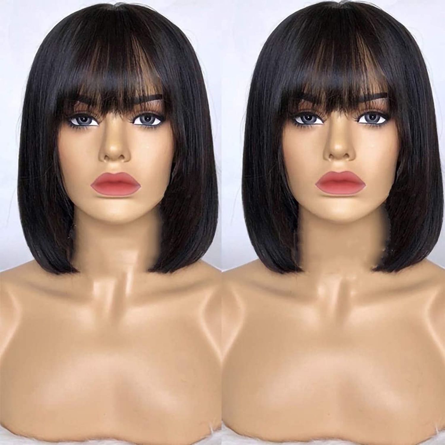 SQPLXK Short Bob Human Hair Wigs with Bangs None Lace Front Wigs Brazlian Straight Hair Machine Made Bob Wig for Black Women Natural color (8 Inch)