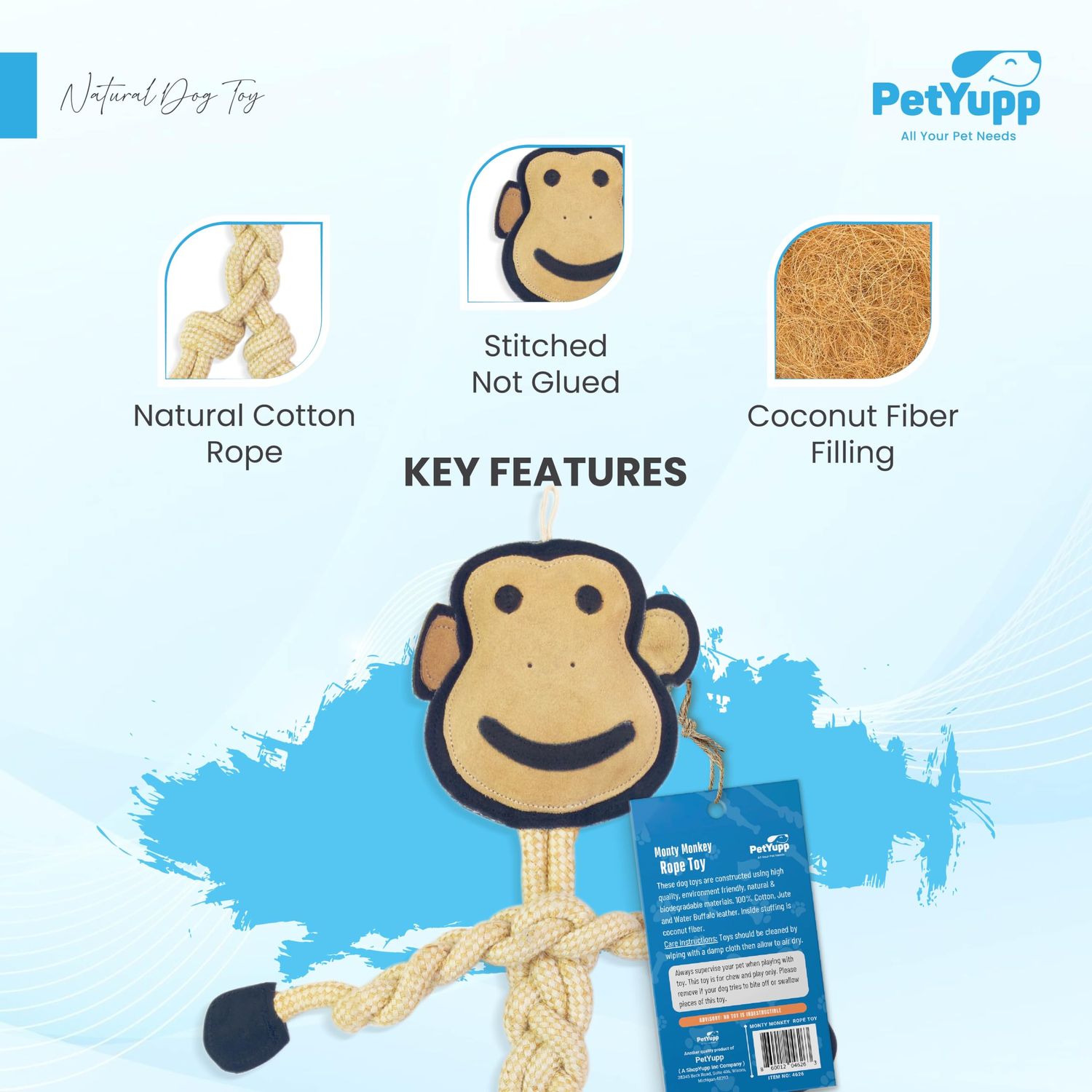 PetYupp Natural Cotton & Jute with Genuine Leather Rope Dog Chew Toy - 16" Long - Interactive Dog Toy for Teething Puppies, Small, & Medium Size Dogs, Promote Dental Health (Monty Monkey)