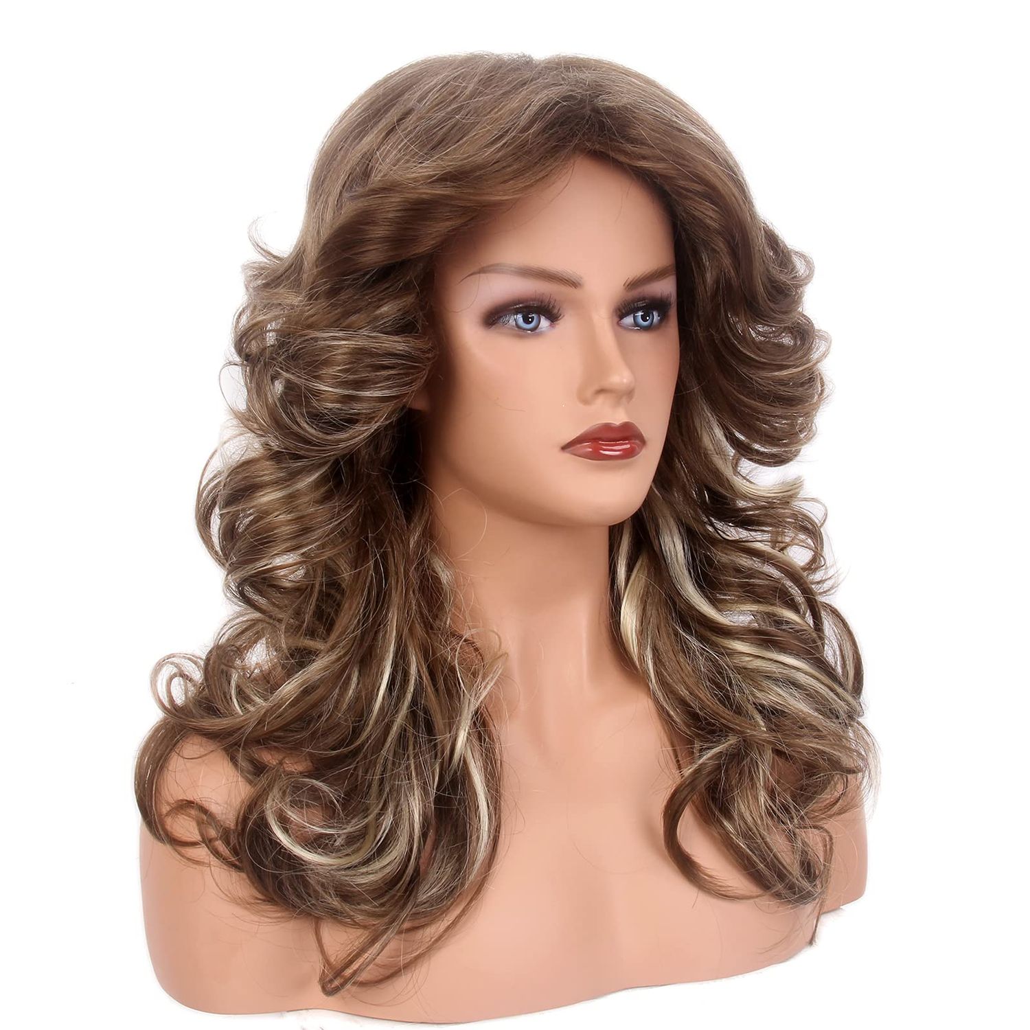 Baiansyy 70s Feathered Wigs Disco Wigs for Women Synthetic Hair Heat Resistant Fibre Hair Full Wigs for Halloween Retro Cosplay Costume Daily Party Wig (Brown Hightlight)