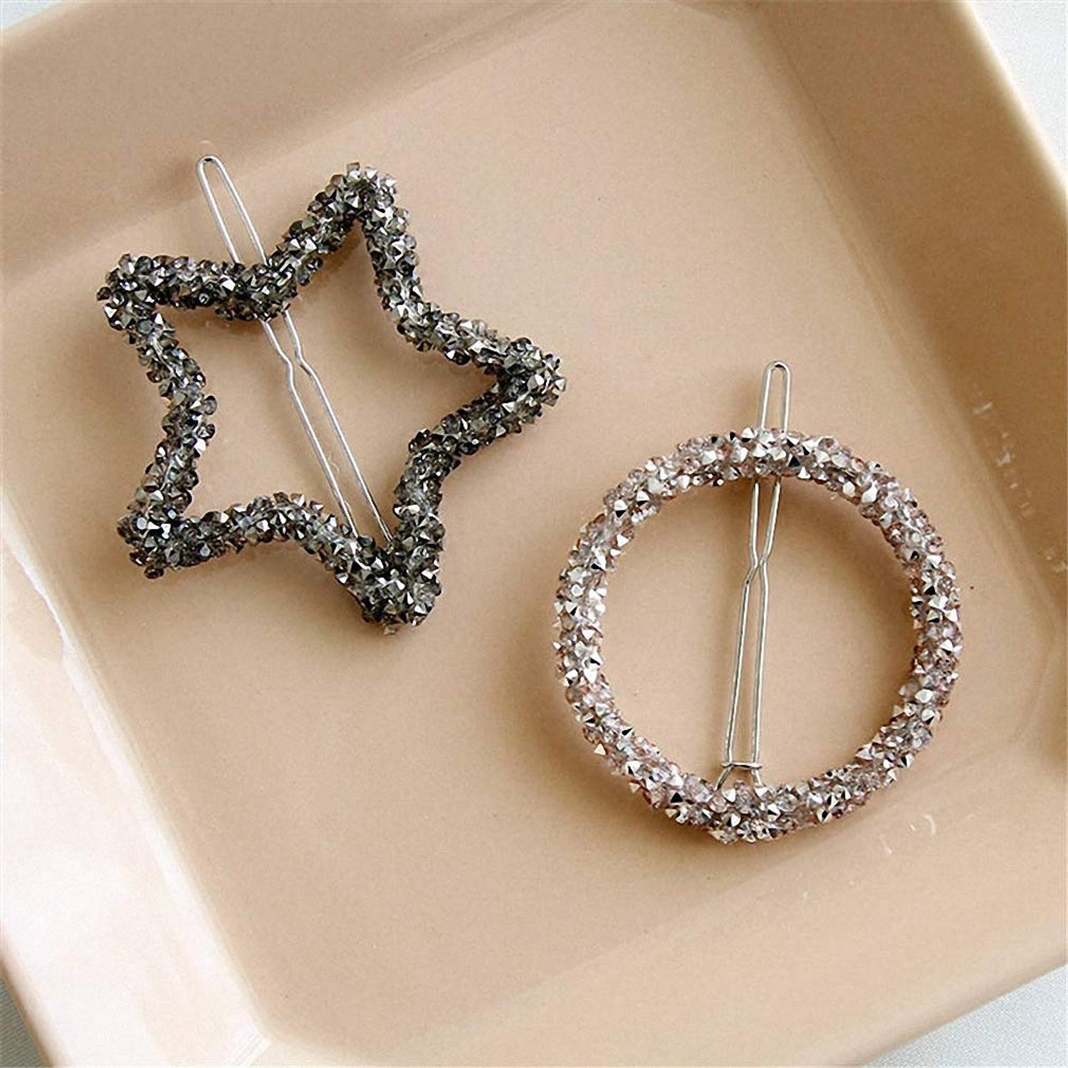 Giwotu 1 pc Crystal Rhinestones Hairpin Star Triangle Round Shape Women Hair Clips Barrettes Hair Accessories Round Silver