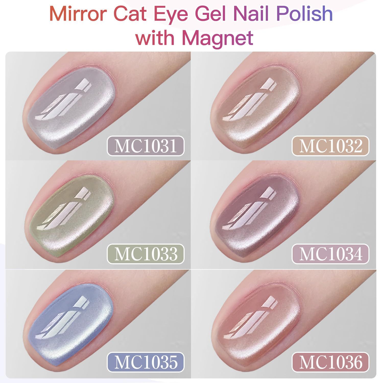 Double Rhythm Cat Eye Gel Nail Polish Set of 6 Colors Shimmer Glitter with Magnet 9D Holographic Reflective Magnetic Nail Polish (Silver Blue Orange Green Purple Pink -Kit 24)