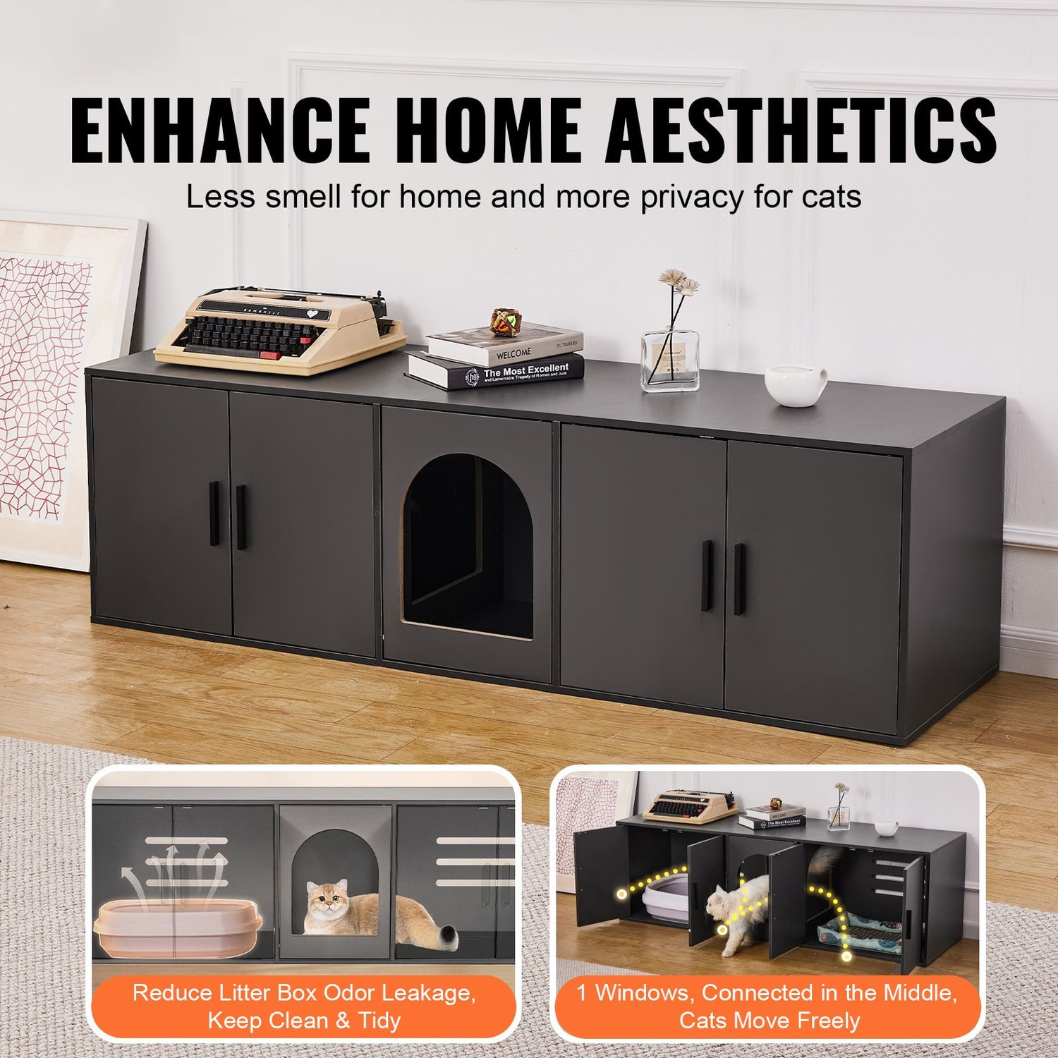 Cat Litter Box Enclosure Wooden Litter Box Furniture Hidden 57.9" Black