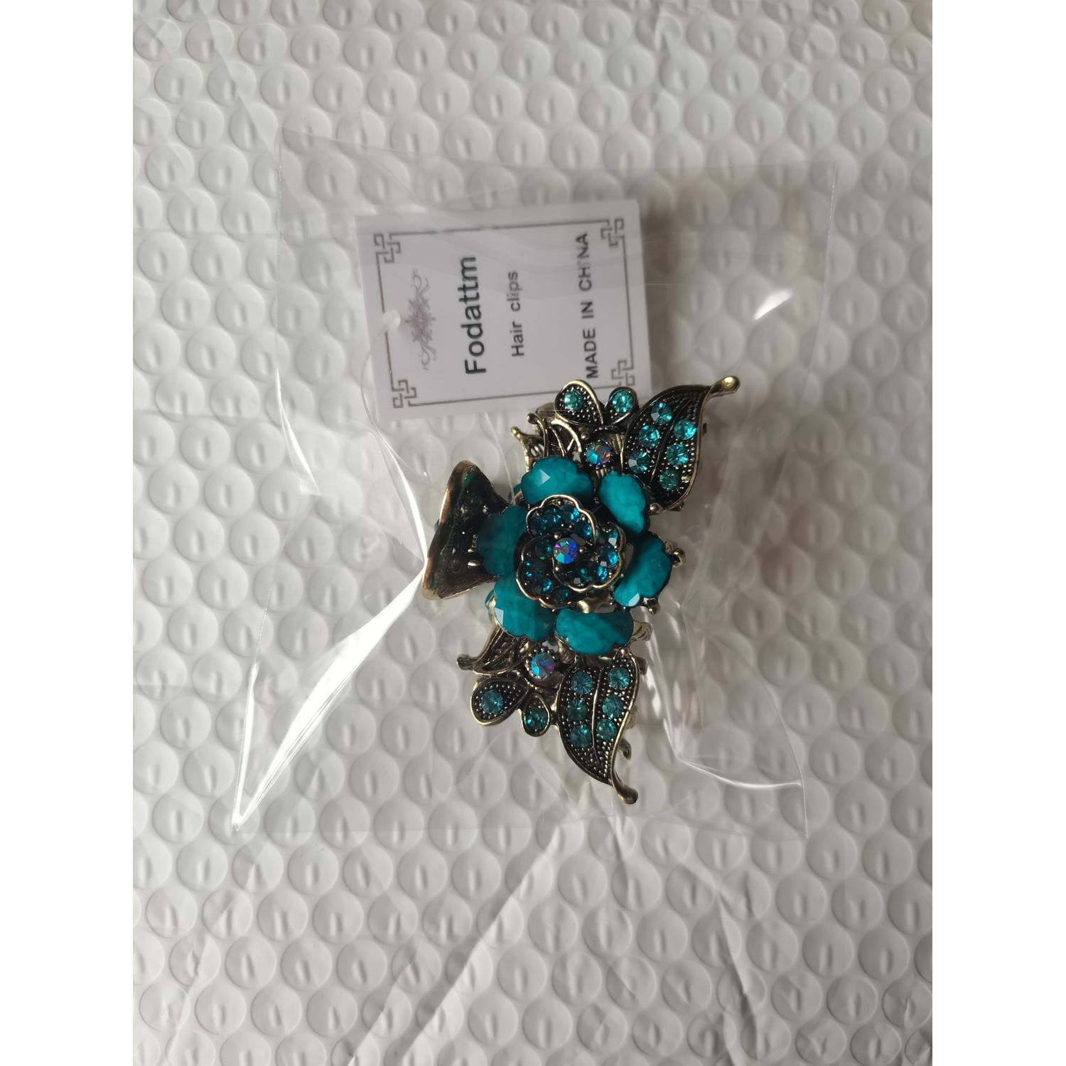 Fodattm Women Lady Retro Rose Flower Imitation Turquoise Hair Claw Clip Vintage Alloy Rhinestone Non-Slip Hair Jaw Clips Hairpin Hair Clamp (Blue)