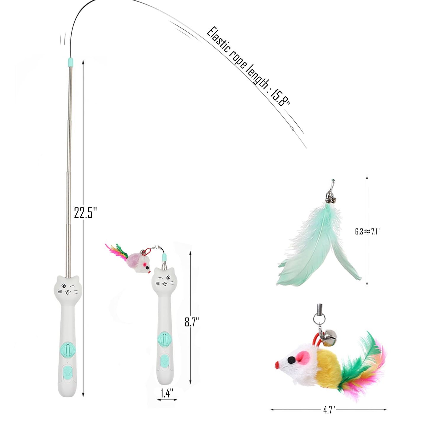 Cat Toys for Indoor Cats Retractable Cat Wand, with Feather & Mice, 3-in-1 Laser Pointer Interactive Cat Toy, 5 Modes, Kitten Toy for Indoor Cat and Dog (Green)