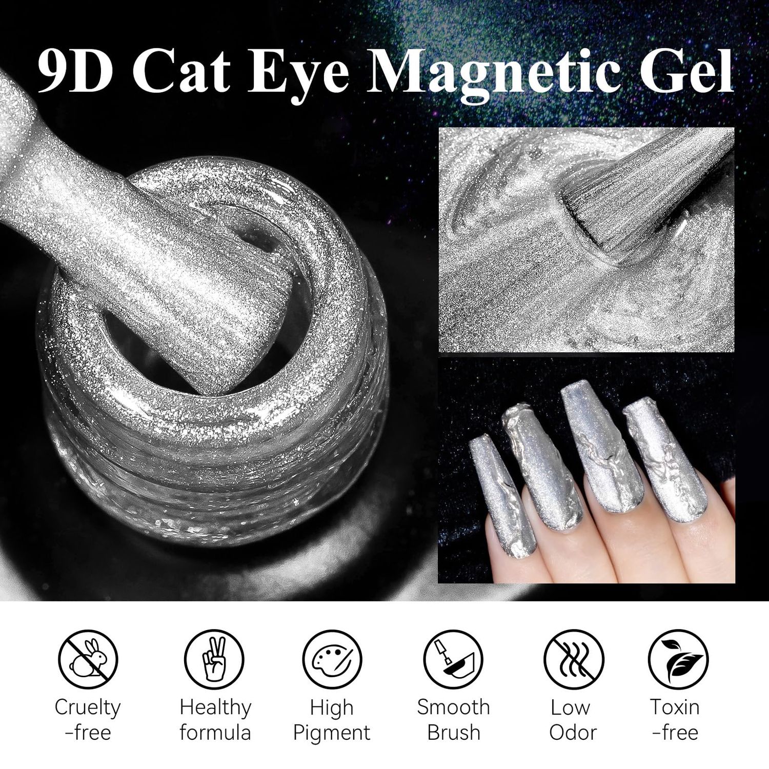 MIZHSE 9D Cat Eye Gel Nail Polish, Silver Magnetic Gel Polish with Magnet Stick, Magic Shimmer Galaxy Effect Holographic Glitter Silky Cat Eye Nail Polish Soak Off Nail Art Salon Manicure DIY at Home
