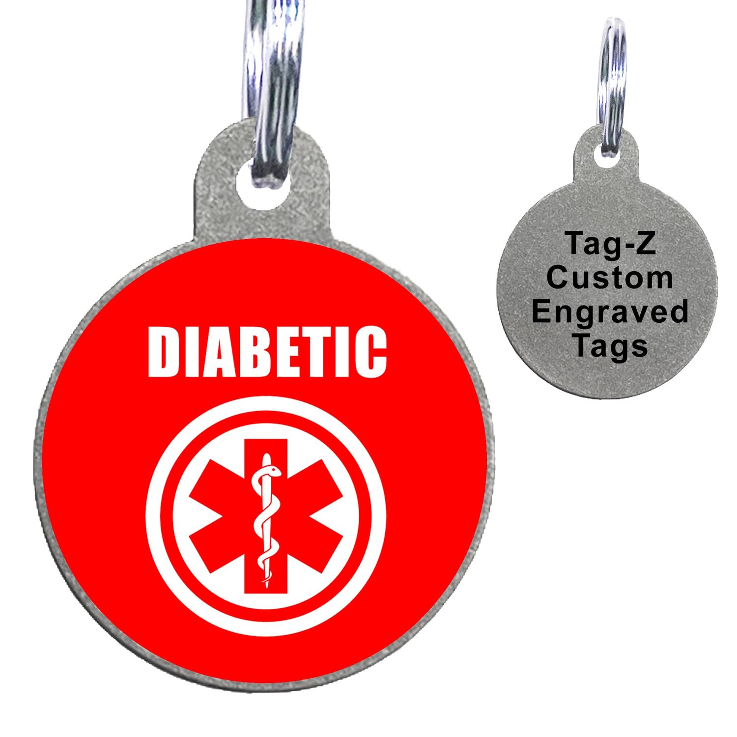 Diabetic Medical Alert Pet ID Tags, Custom Printed and Laser Engraved, Stainless Steel Circle Shape Includes Split Ring and Silencer