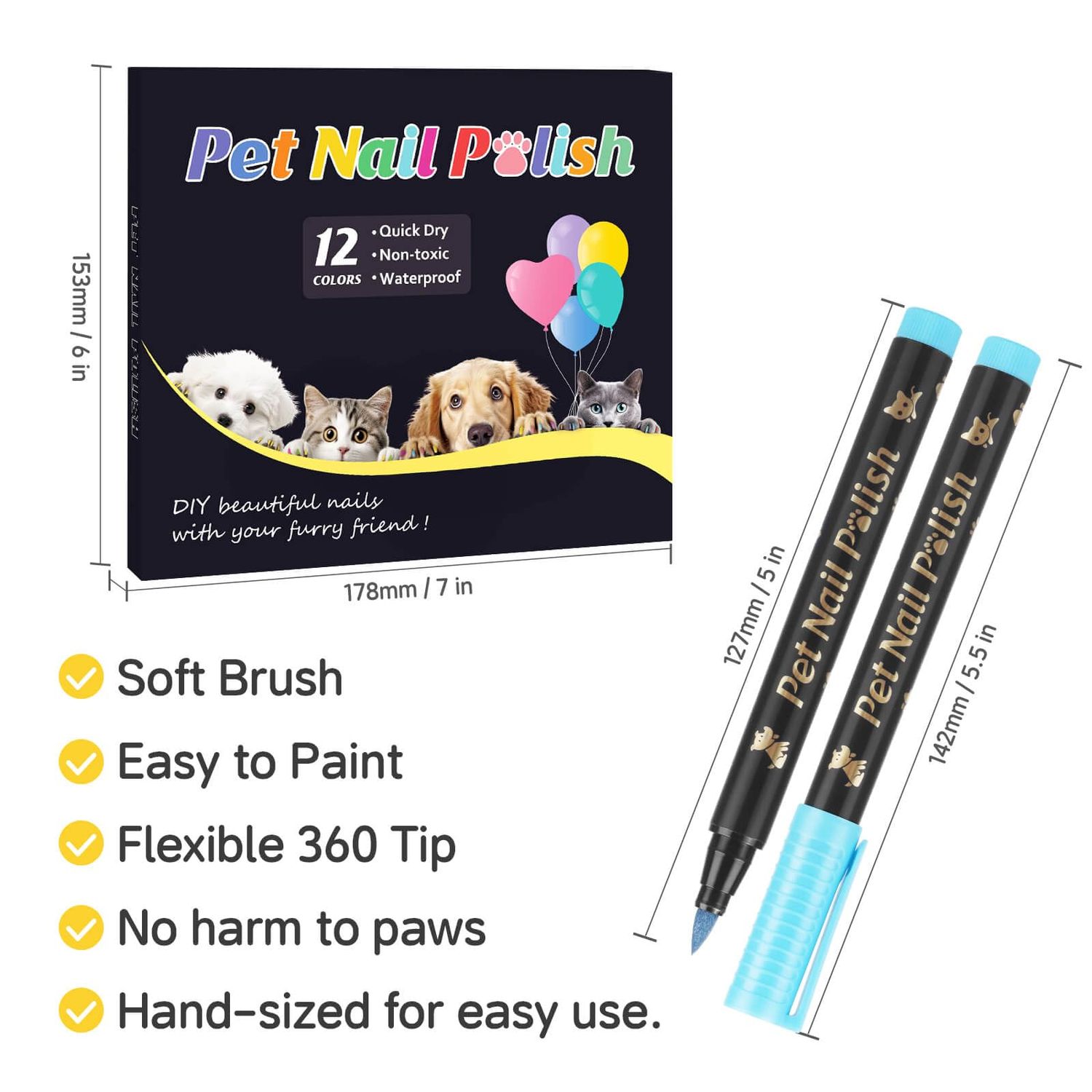 Cherocito Dog Nail Polish Pens Quick Dry,12 Colors Safe Dog Nail Polish Set to DIY Pretty Nails, Ideal Gifts for Dogs Cats Light Dark Nails, Odorless, Non-Toxic, Water-Based Pet Nail Accessories Set