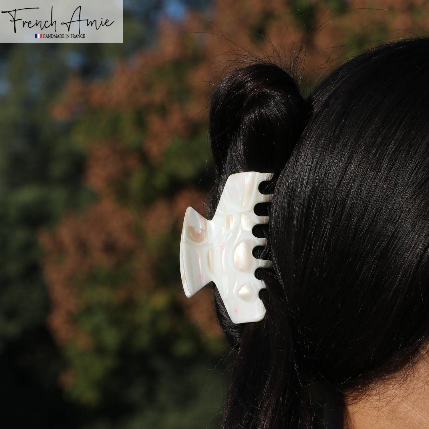 French Amie Chic Ivory Handmade Celluloid Large 3" Jaw Hair Claw Clip Clamp Clutcher Fashion Durable and Styling Hair Accessories for Women Strong Hold No Slip Grip, Made in France