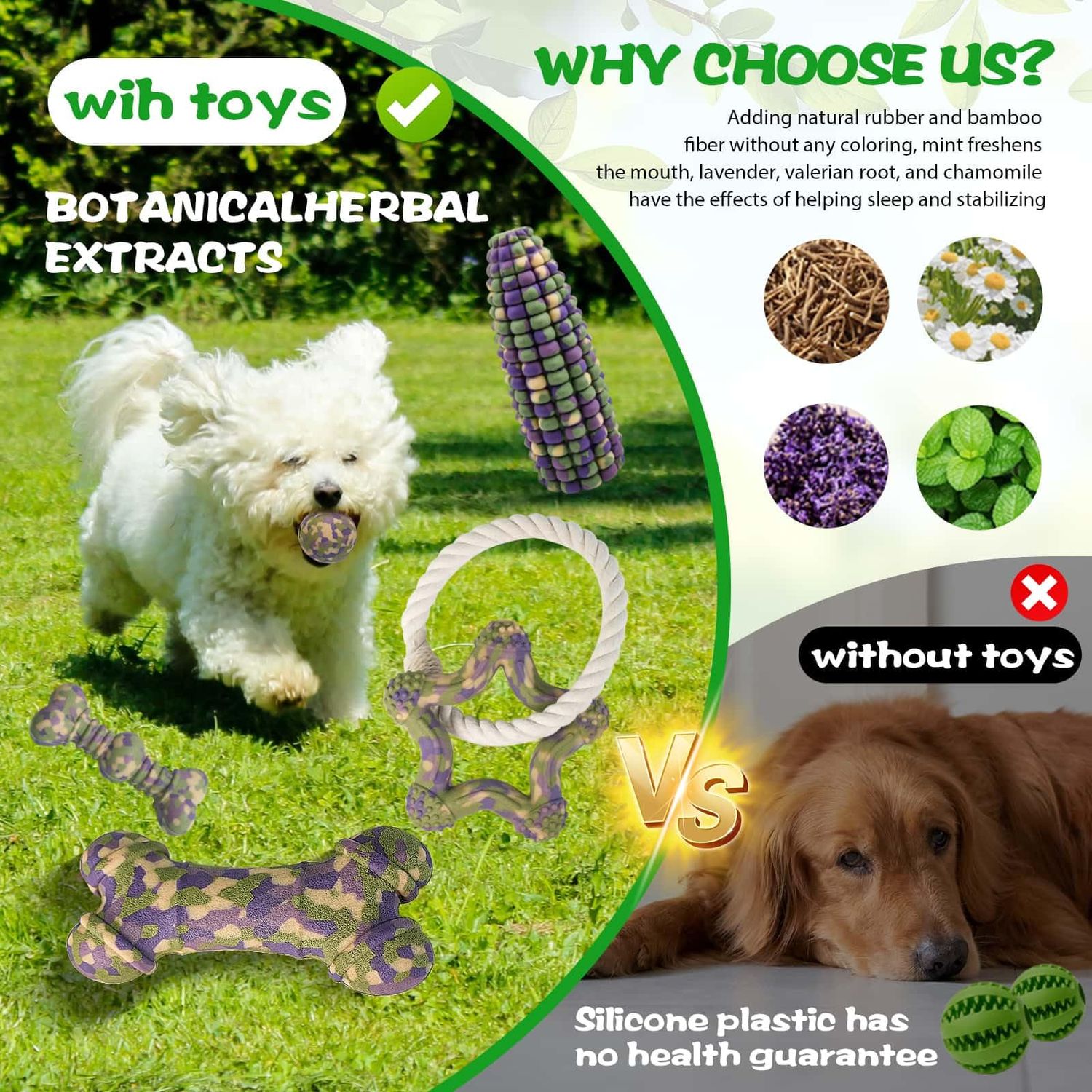 TOONOVEL Dog Interactive Toys 2 Pack, Dog Bone Chew Toys, Dog Balls, Tooth Cleaning Toys, Natural Herbal Infused Chew Toy for Dogs with Destructive Behavior, Anxiety, and Restlessness