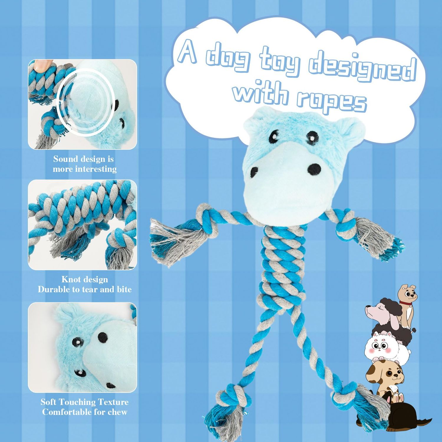 JMZDS&JL Dog Toys, Tough Dog Toys for Puppies and Small-Medium Dogs, Tug of War Dog Toy, Plush Stuffed Animals for Dogs, Rope Dog Toys for Teething and Chewing Fun.(Hippo)