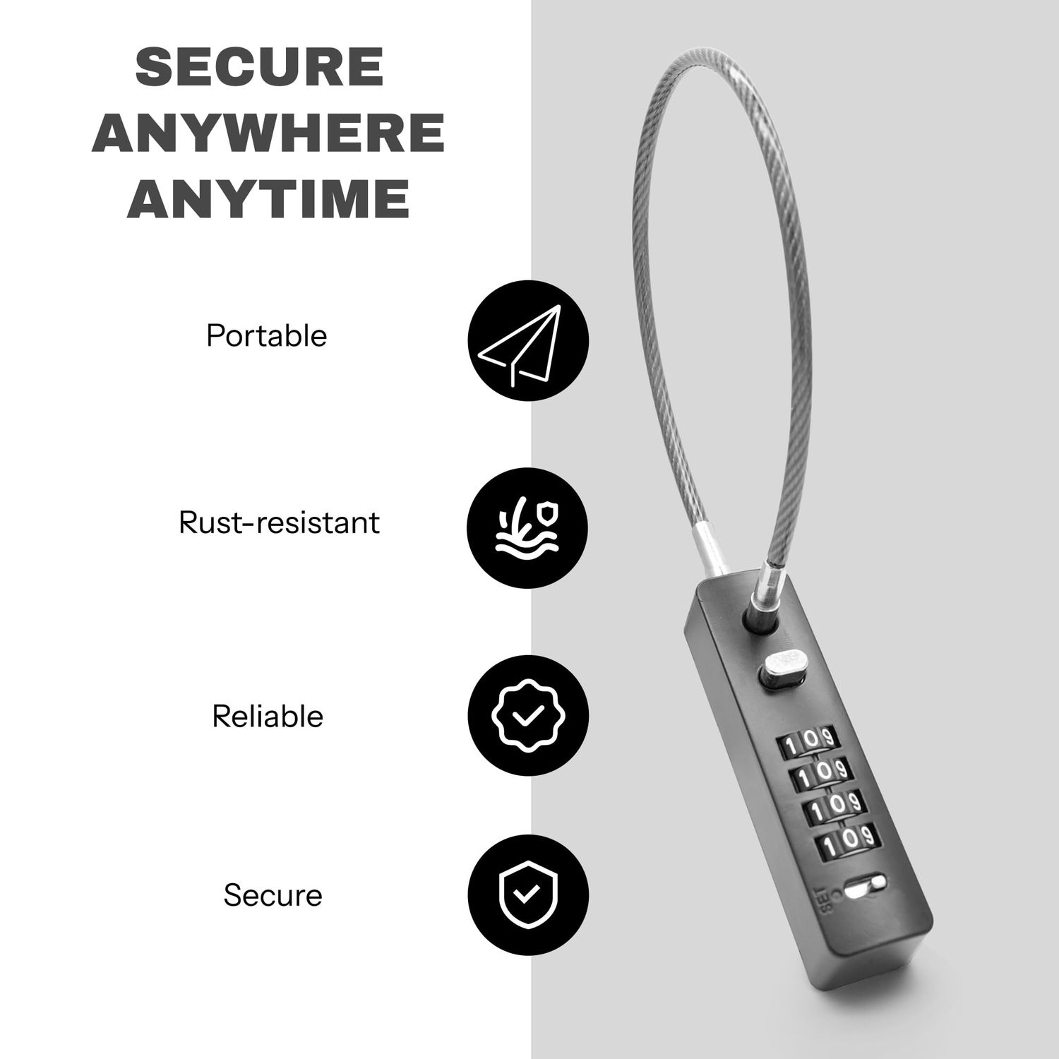 UP Security Combination Lock Keyless Cable Padlock with Steel Wire Rope, Resettable Combo Code Anti-Theft for Locker, Cabinet, Fence, Gate, Pet Door, Bike Helmet Safe (Grey, 11.8"(30cm) Short Cable)