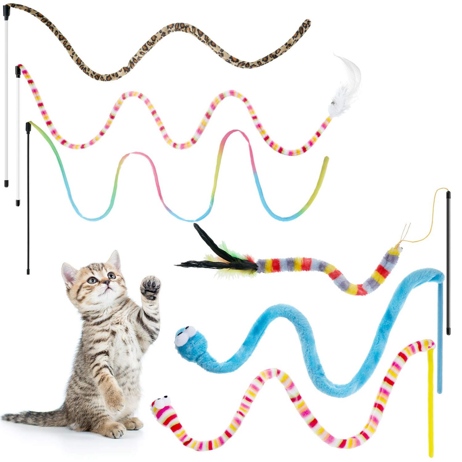 6 Pieces Cat Toys Interactive Cat Wand Toys with Feather and Bell Safe Cat Teaser Catcher Stick Toy Colorful and Sounding Christmas Wand Toys for Cats Kittens Training Pets Exerciser