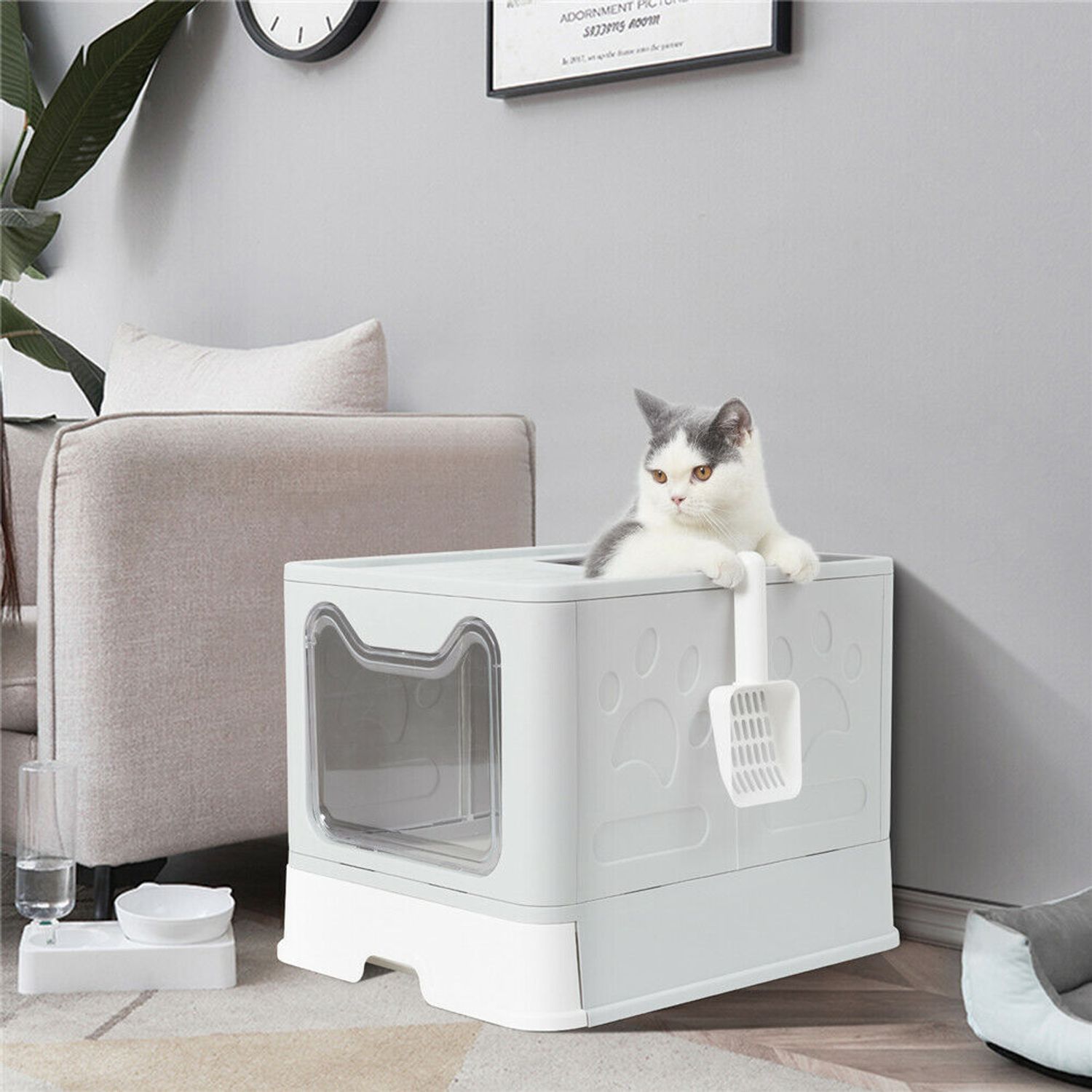 Large Cat Litter Box Top &Front Entry Automatic Pet Toilet House Kitty Scoop Pan