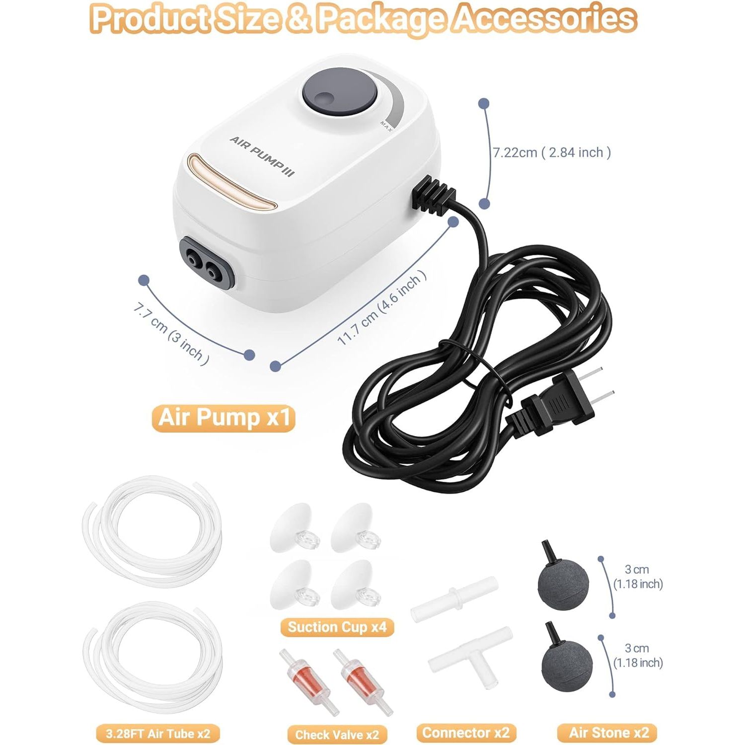 MoonOrange 3W Aquarium Air Pump, Adjustable Aquarium Aerator with 2-Outlet, Super-Powerful & Quiet Oxygen Pump for Fish Tanks up to 100 Gallon with Full Accessories.(Upgrade Noise-Reduce)