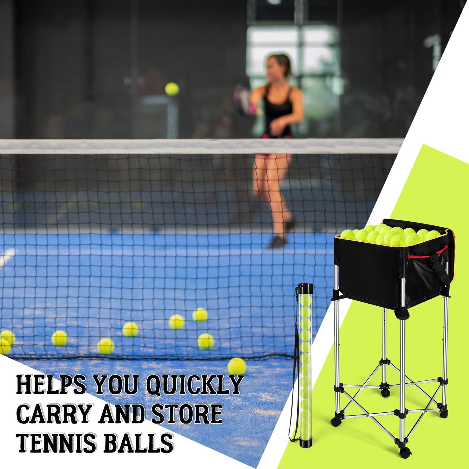 Deekin 2 Pcs Portable Ball Cart and Tennis Ball Pickup Collector Tennis Basket on Wheels with Storage Bag Tennis Ball Picker Upper Tennis Ball Tube Retriever for Baseball Storage (Medium Tube)