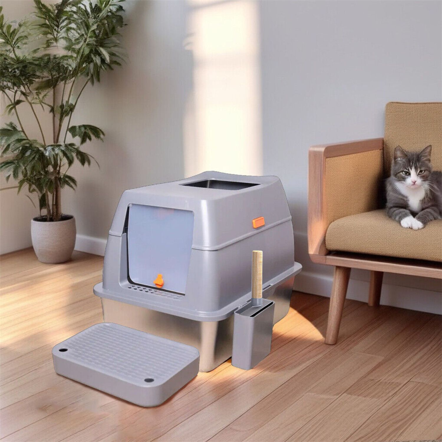 Large Enclosed Cat Litter Pan Easy Cleaning Stainless Steel Cat Toilet Box w Lid