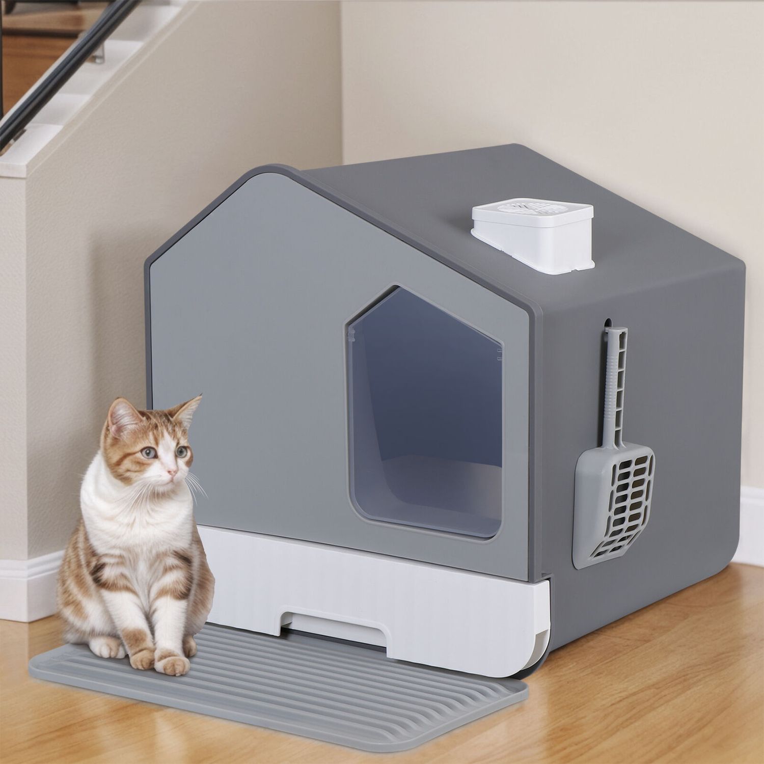 Cat Litter Box with Litter Mat and Scoop Anti- Splashing Easy Clean Odor Control
