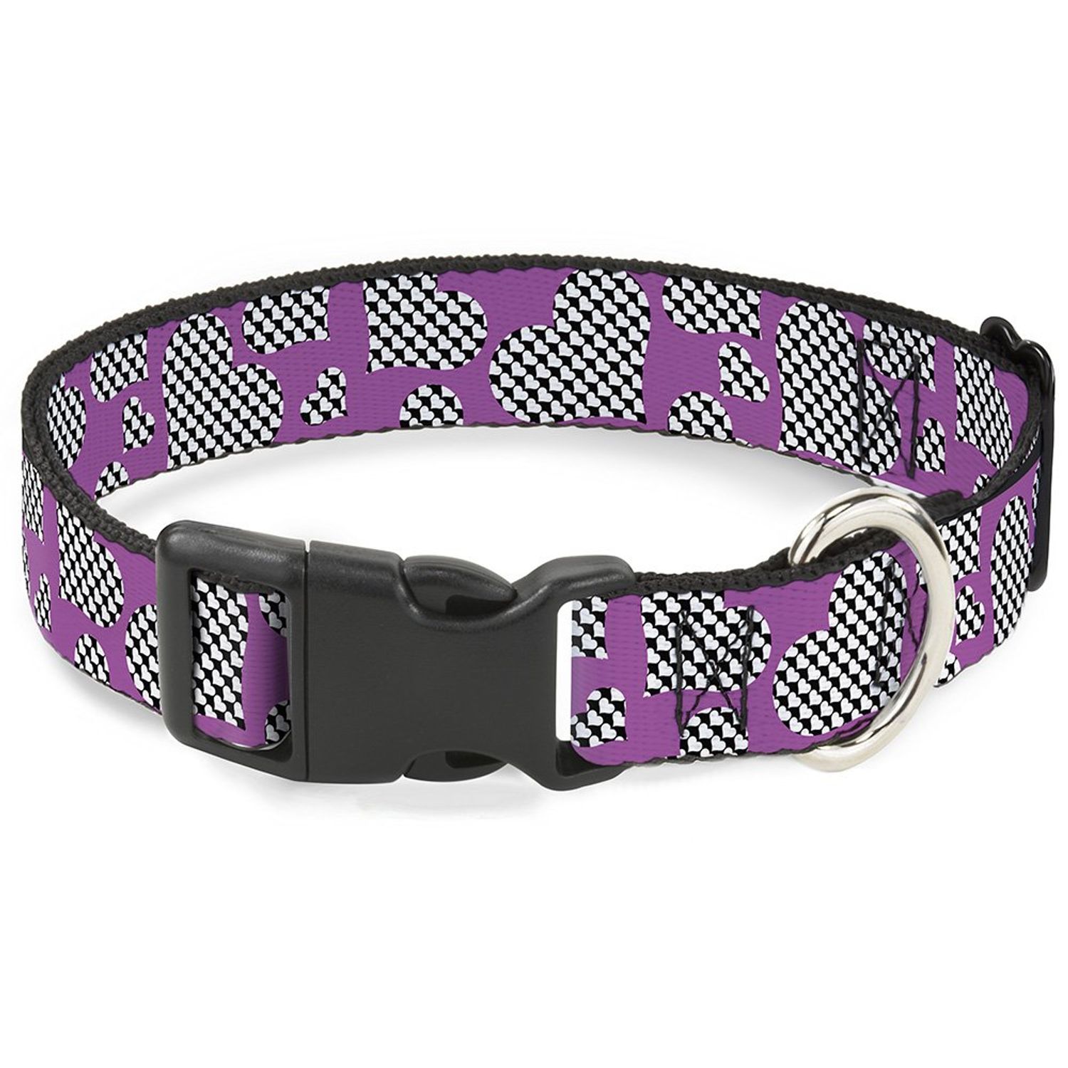 Dog Collar Plastic Clip Eighties Hearts Fuchsia Black White 16 to 23 Inches 1.5 Inch Wide