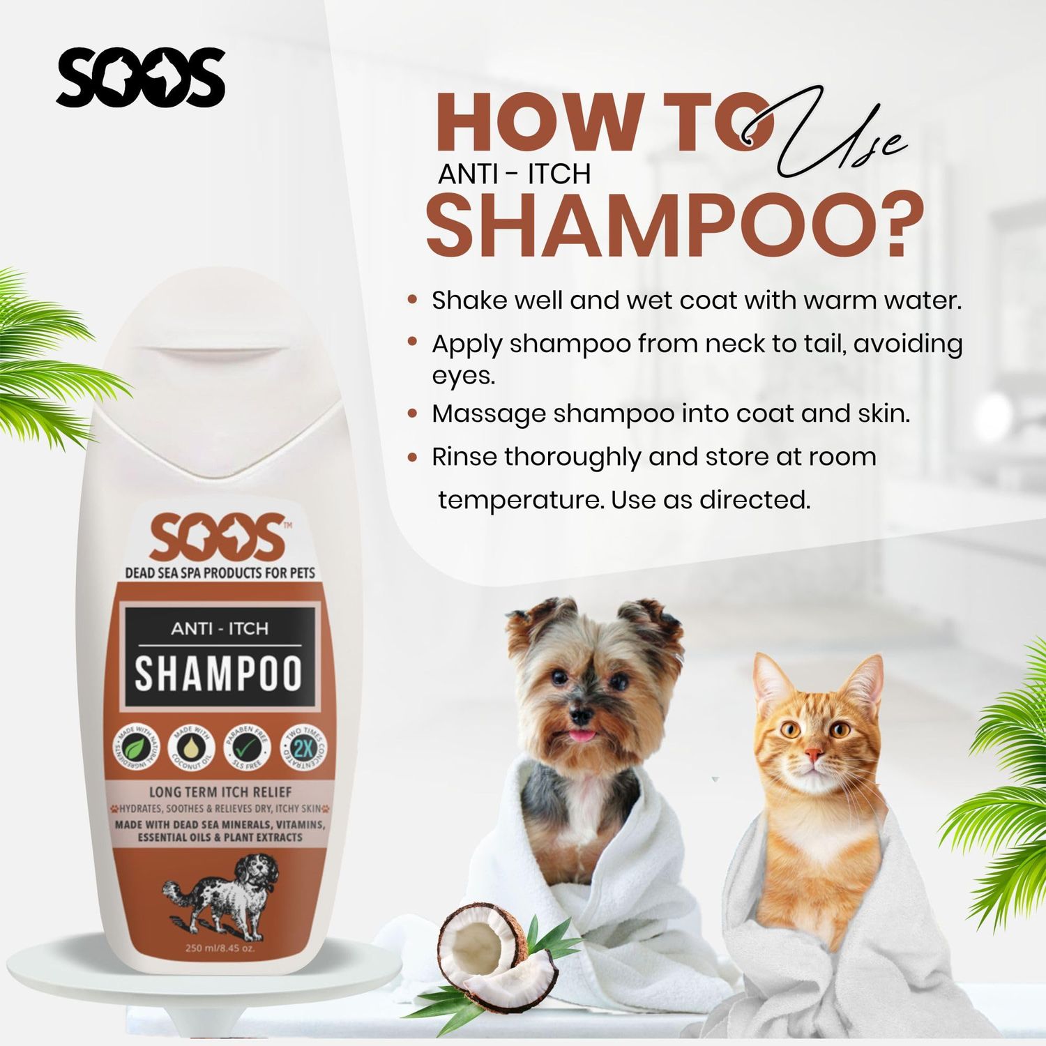 Soos Pet Shampoo Anti-Itch Cat and Dog Shampoo Dead Sea Minerals Fast Absorbing Soothes Itching Clean Fur with Vitamins Essential Oils Natural Ingredients - 1x Bottle (250ml)